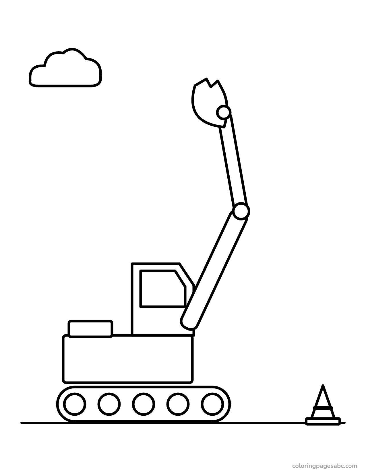 Excavator with its arm and bucket raised high coloring page