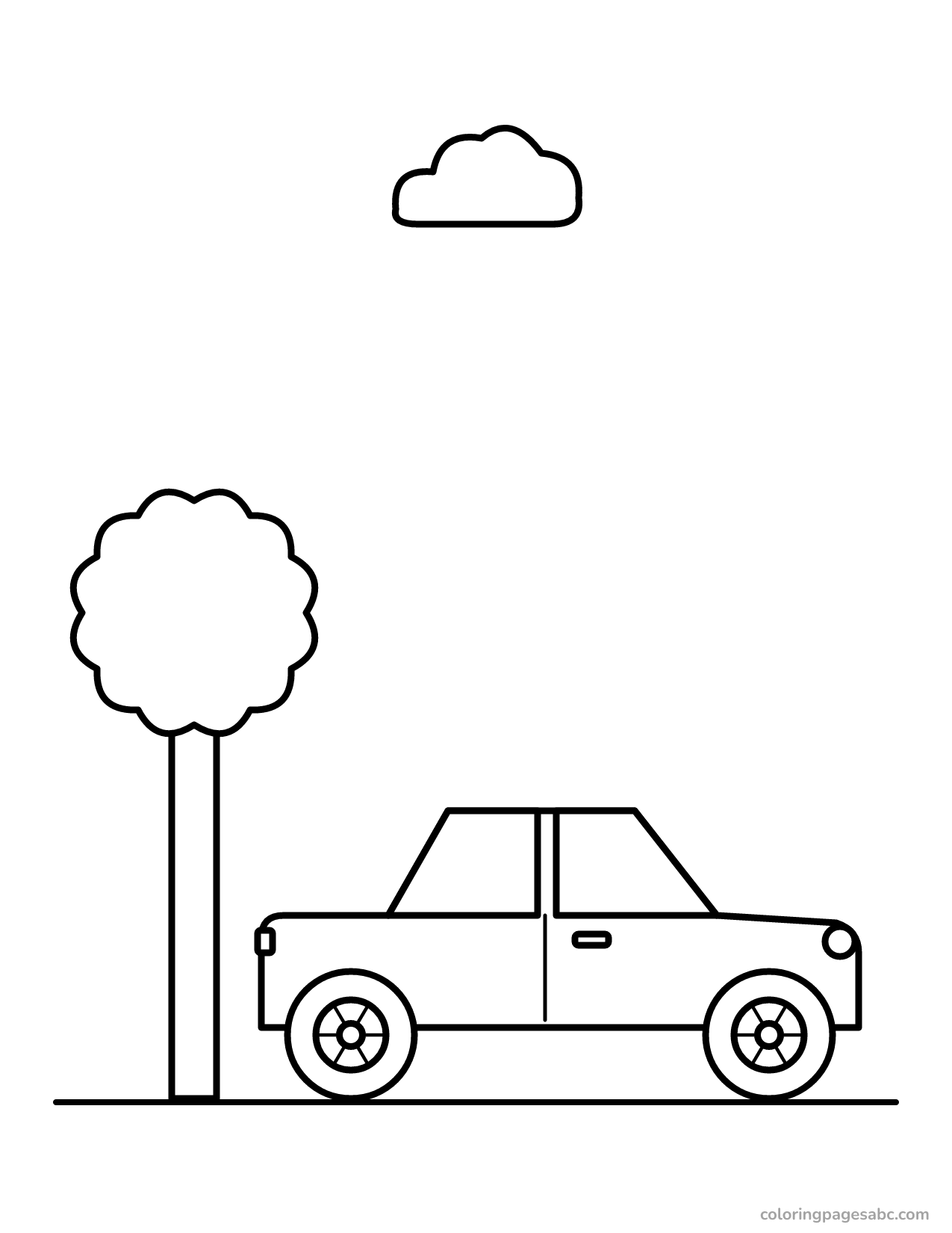Family car with four doors parked under a tree coloring page