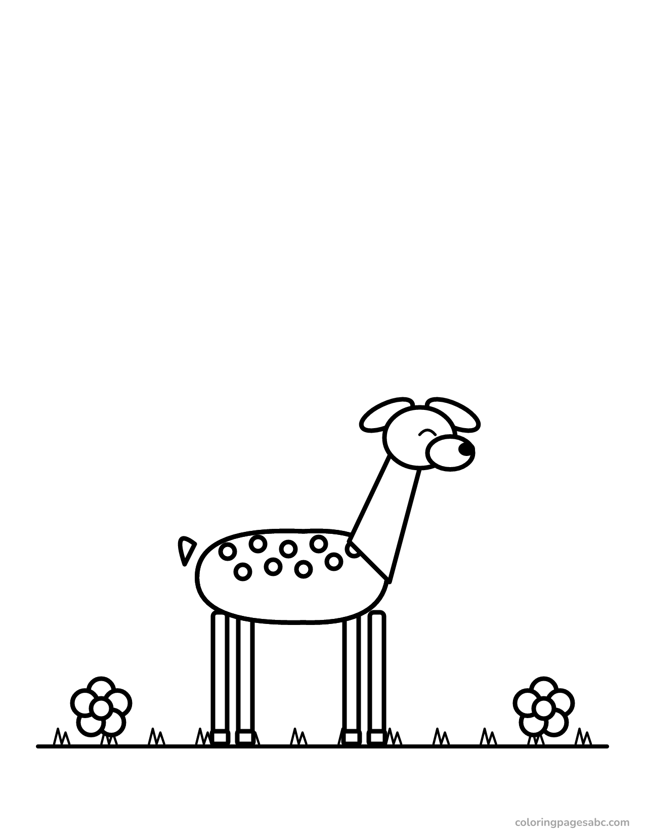 Happy fawn with white spots between flowers coloring page