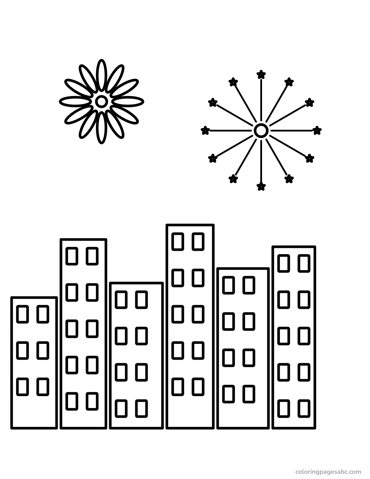 Two fireworks bursting over tall city buildings coloring page