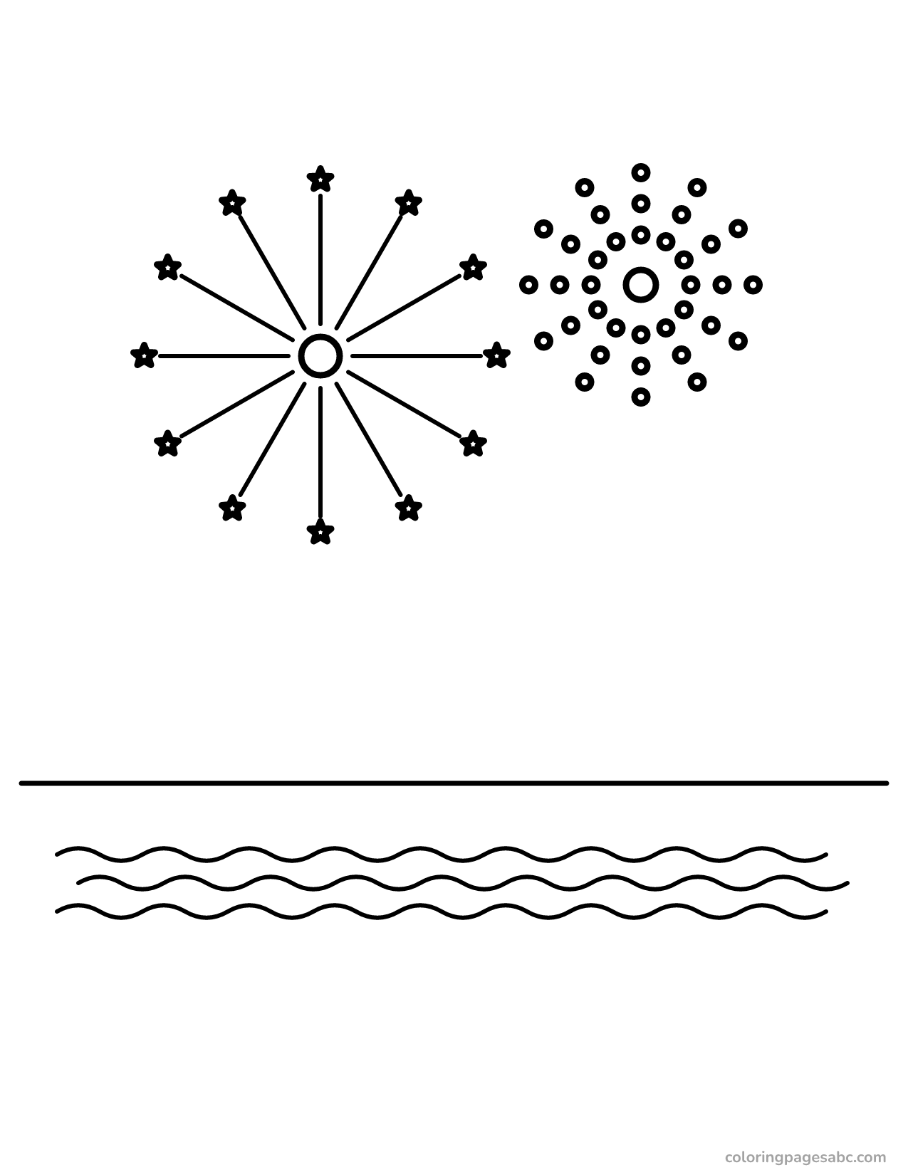 Two fireworks in the sky over a calm lake coloring page