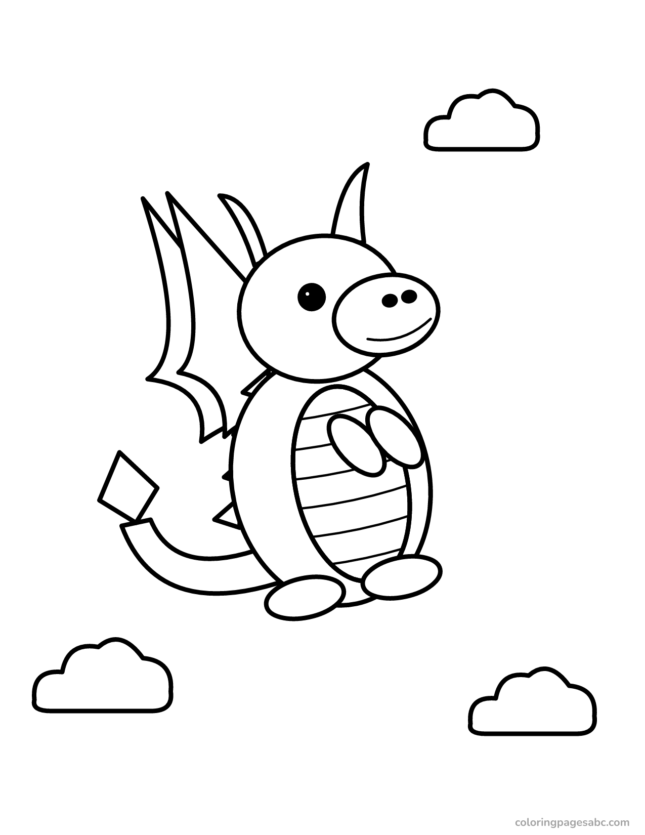 Dragon flying with its wings up between clouds coloring page