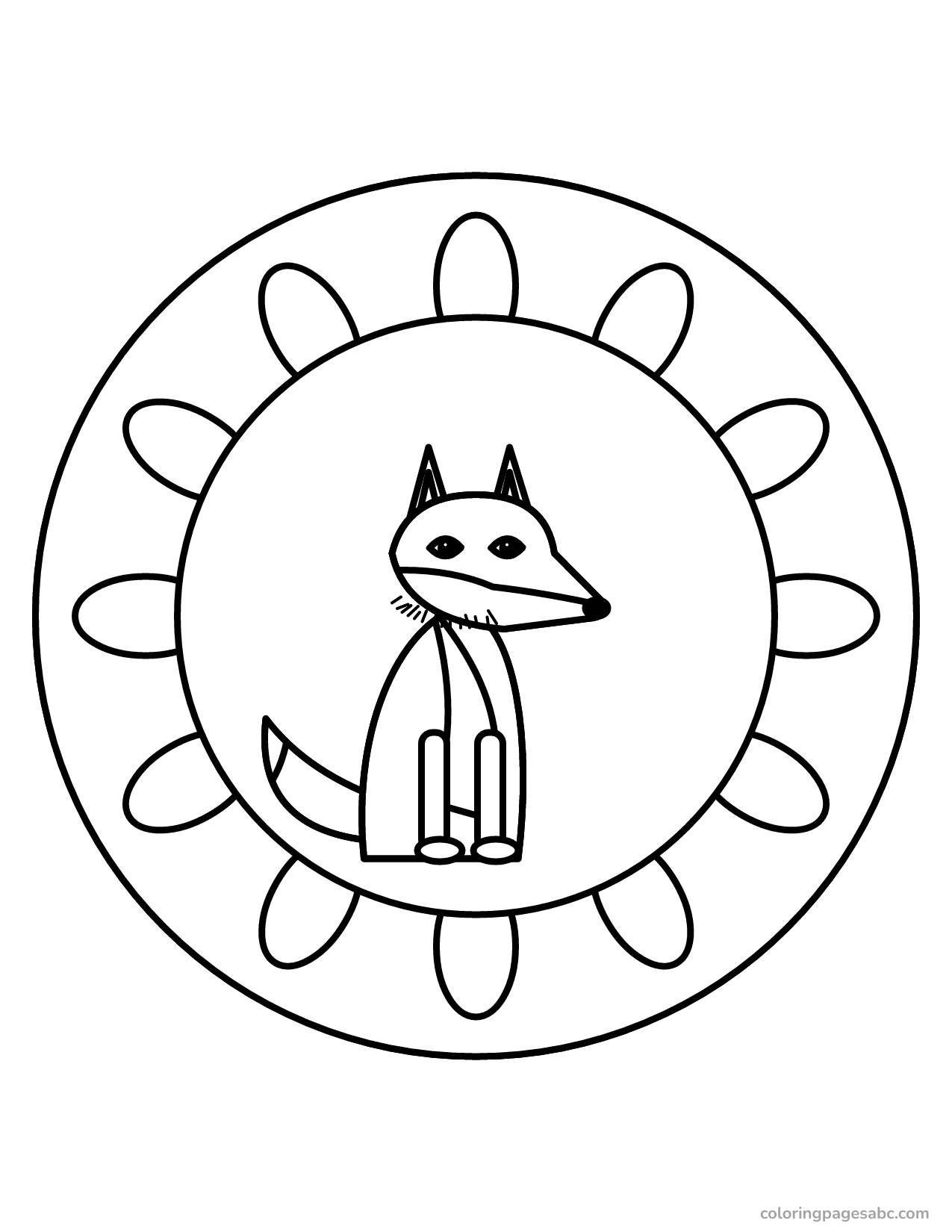 Sitting fox inside a petal mandala coloring page for adults