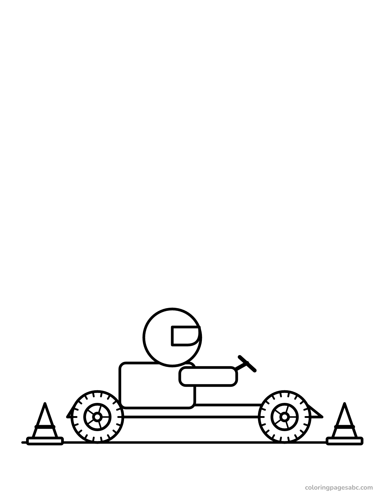 Driver in a helmet in a go-kart between two cones coloring page