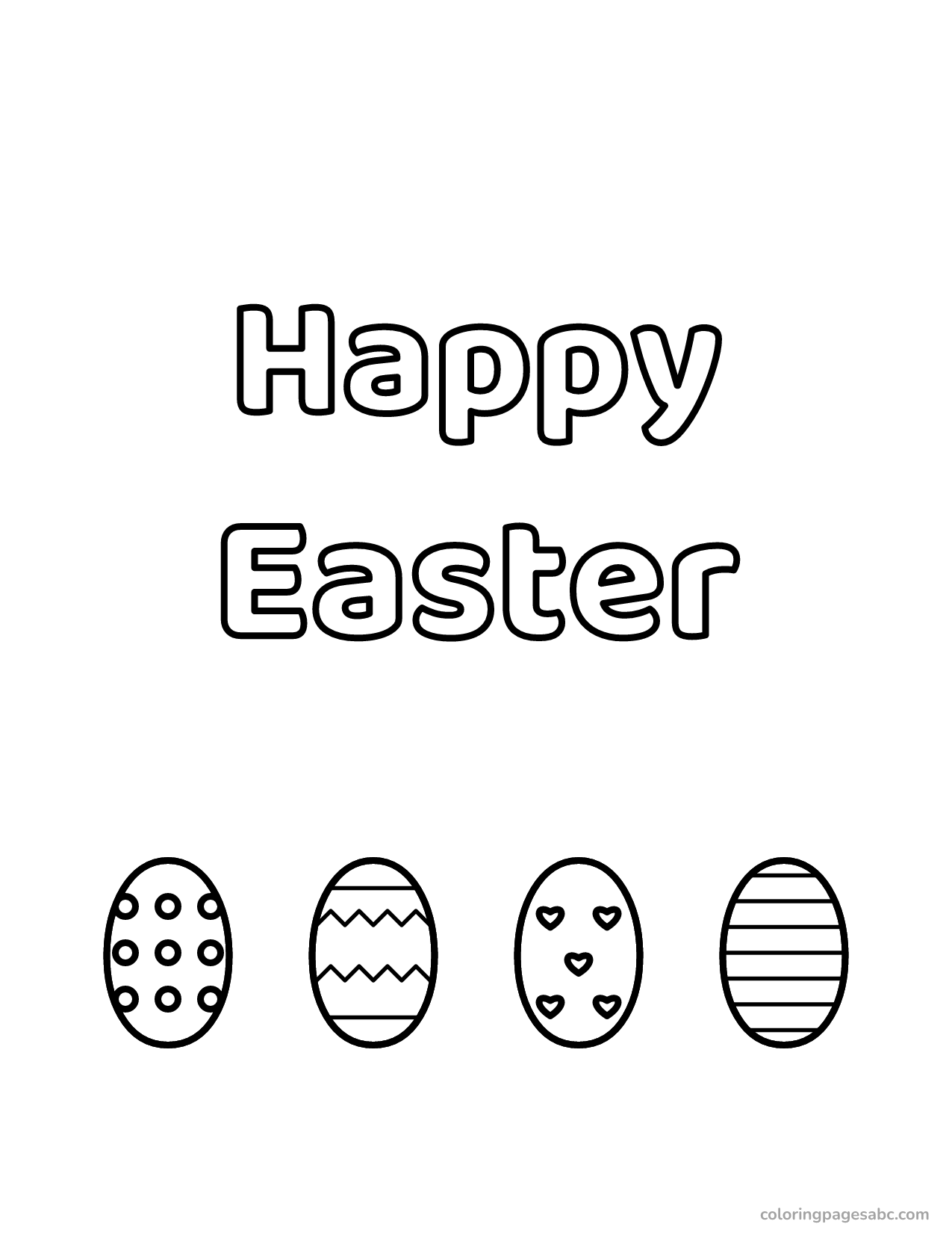 Happy Easter lettering above four decorated eggs