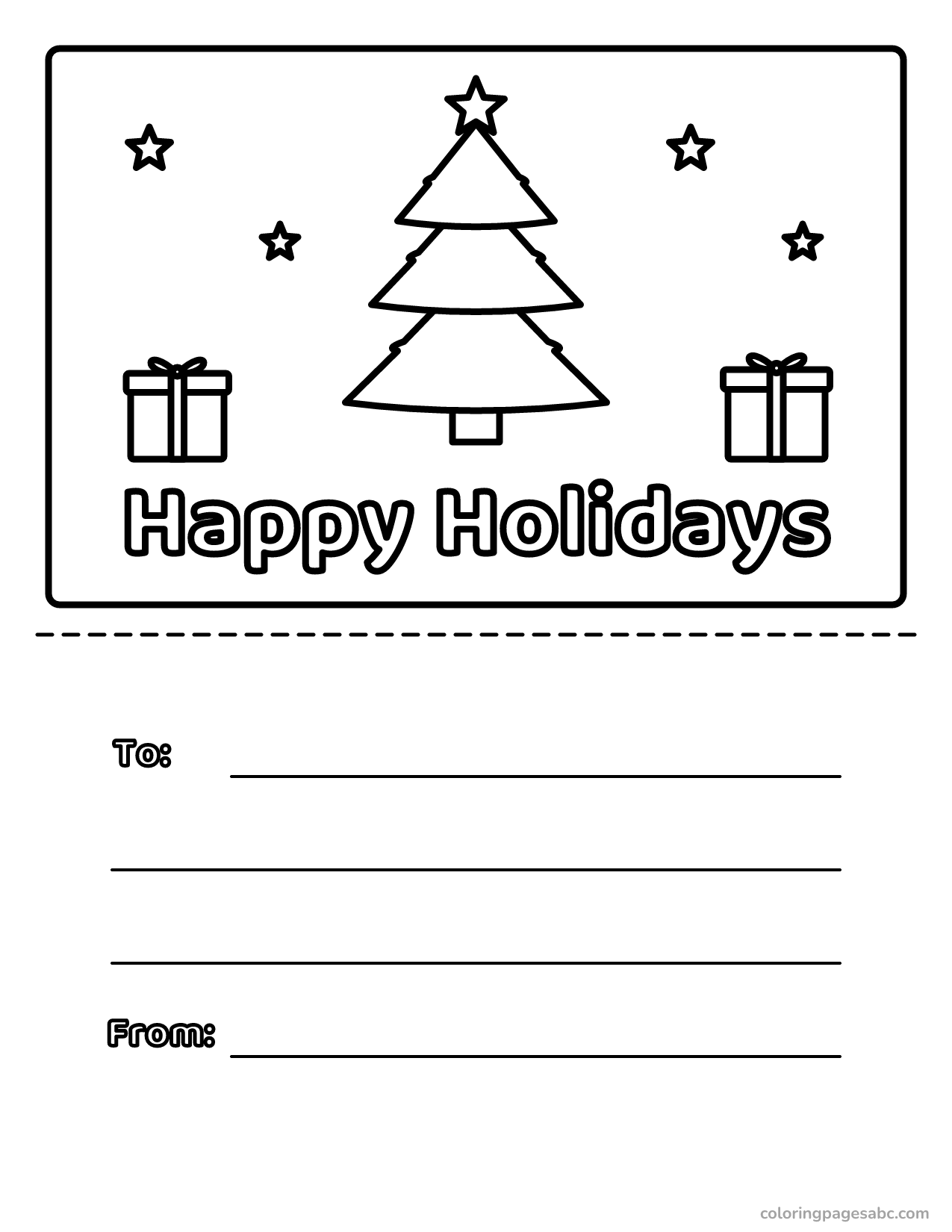 Happy Holidays card with a tree to color online