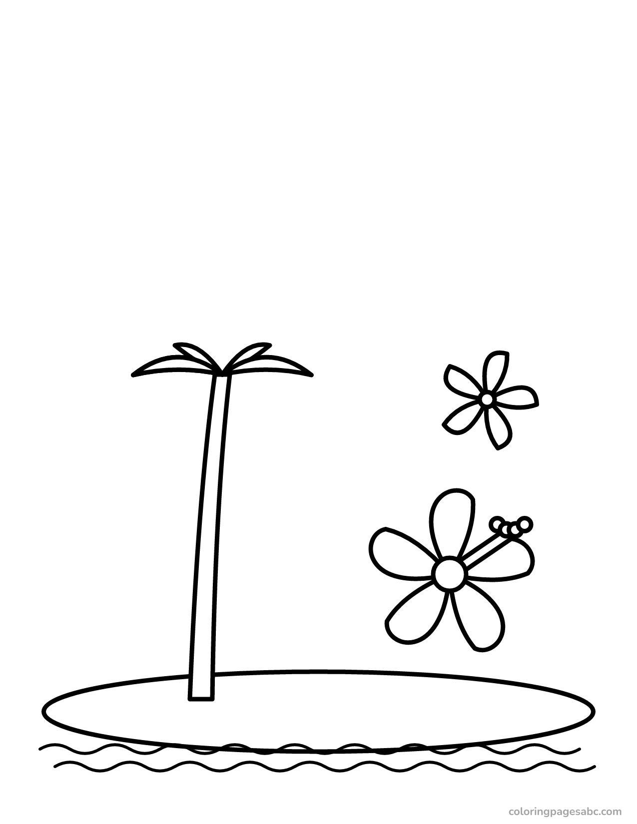 Palm tree on an island with Hawaiian flowers coloring page