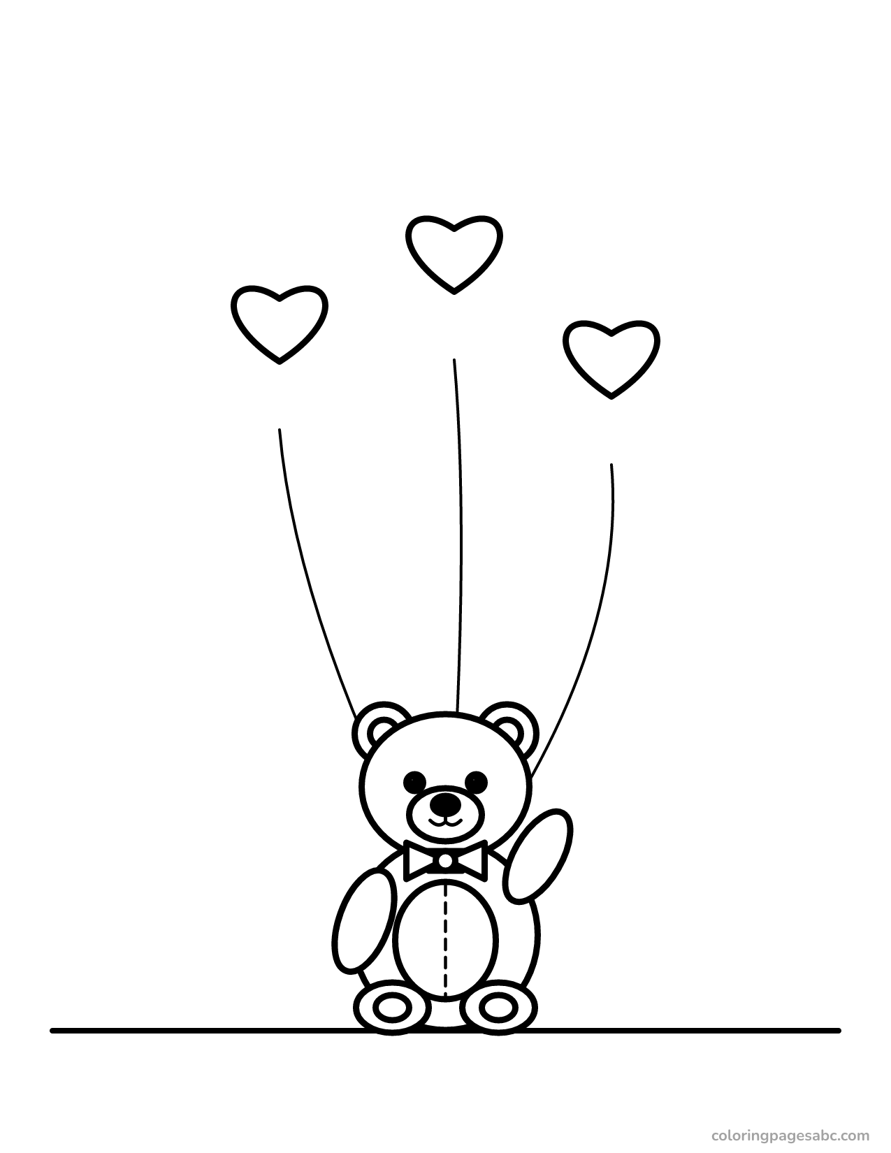 Three heart balloons tied to a waving teddy bear coloring page