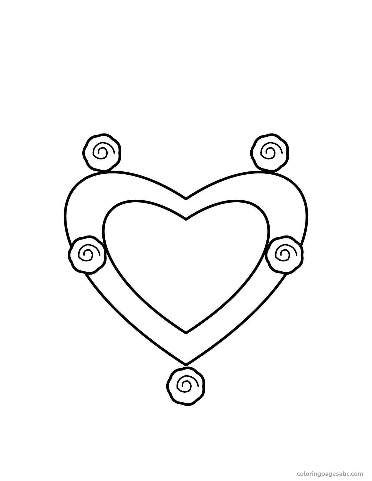 Heart frame decorated with five roses coloring page