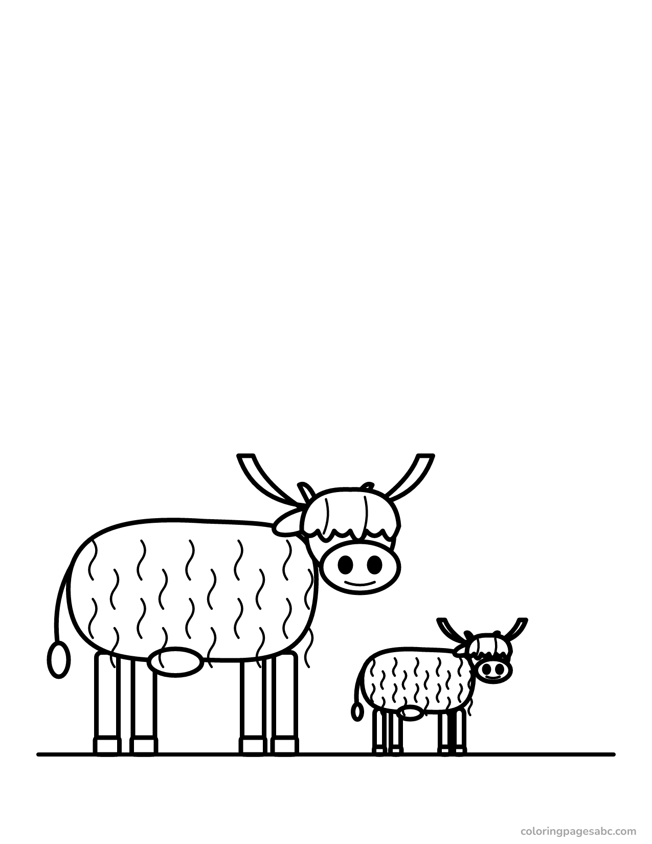 Highland cow with a little shaggy calf coloring page