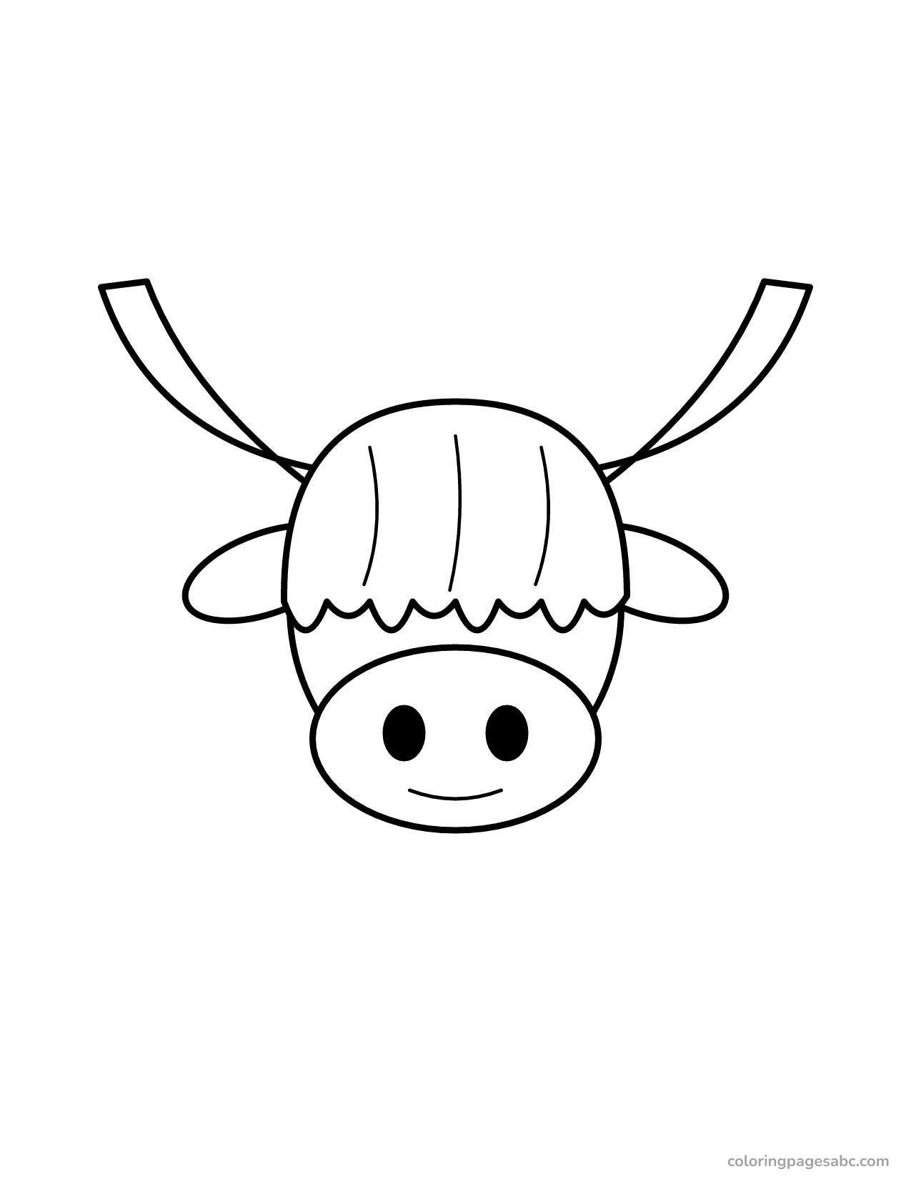 Highland cow face with long horns and a big fringe coloring page