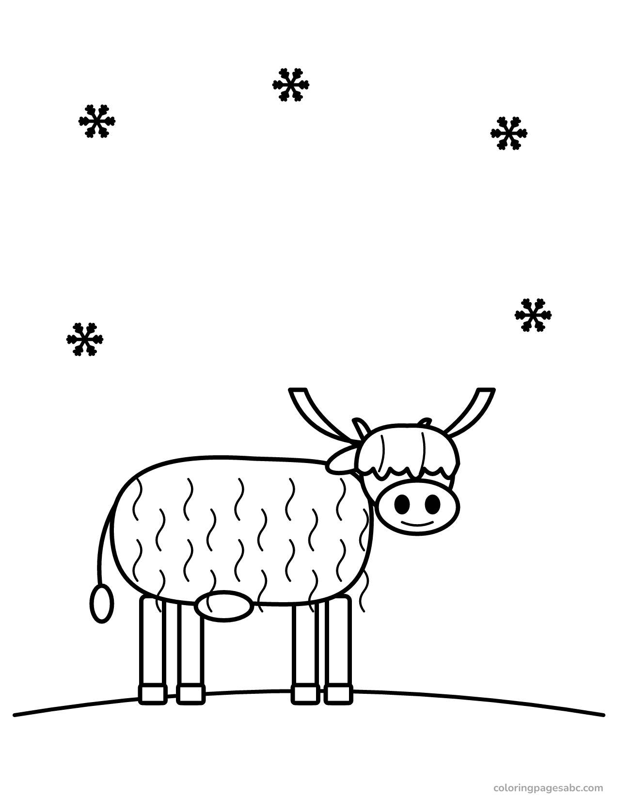 Happy highland cow on a snowy hill with snowflakes