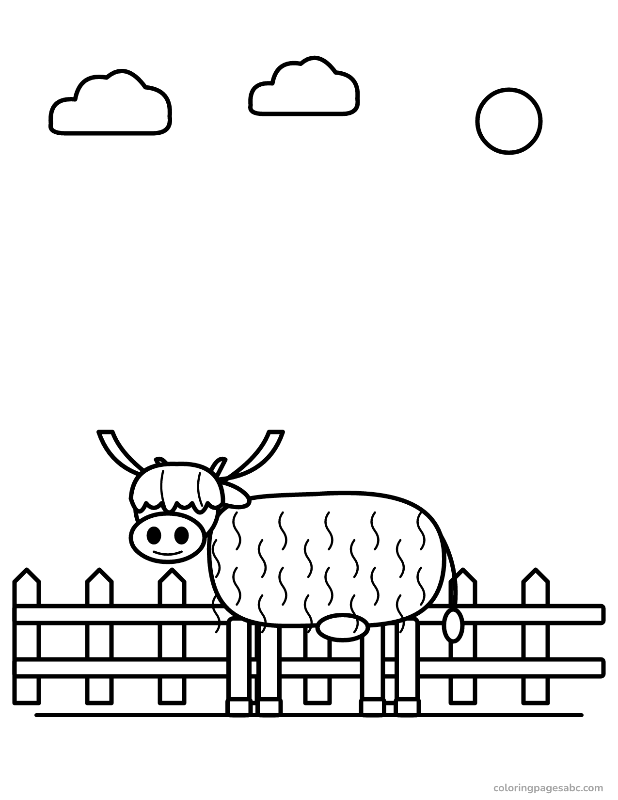 Highland cow facing left by a fence on the farm coloring page