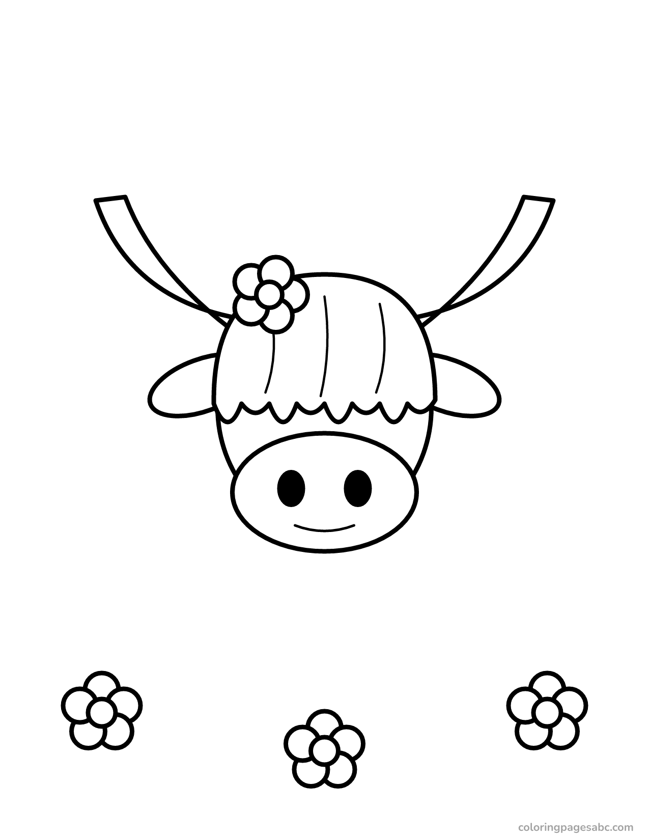 Highland cow face with a flower on its head coloring page