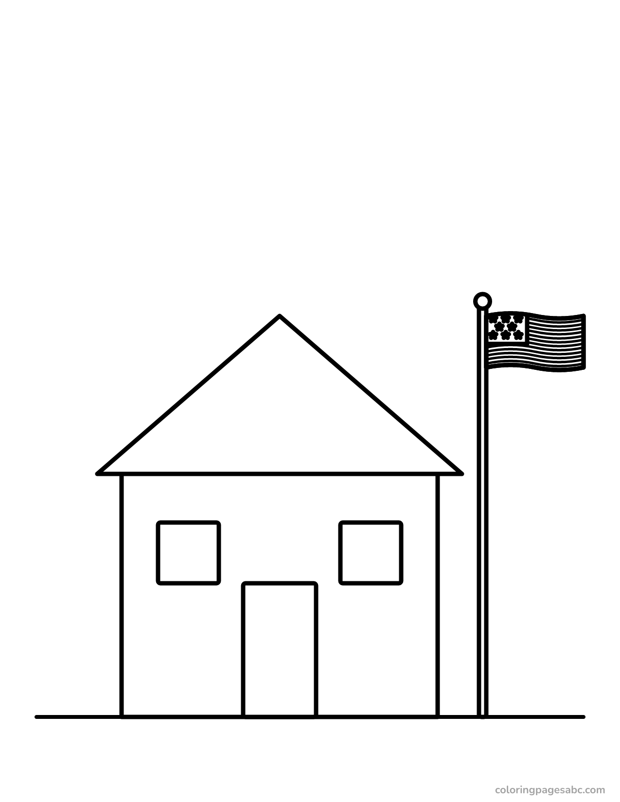 Simple house with an American flag on a pole next to it