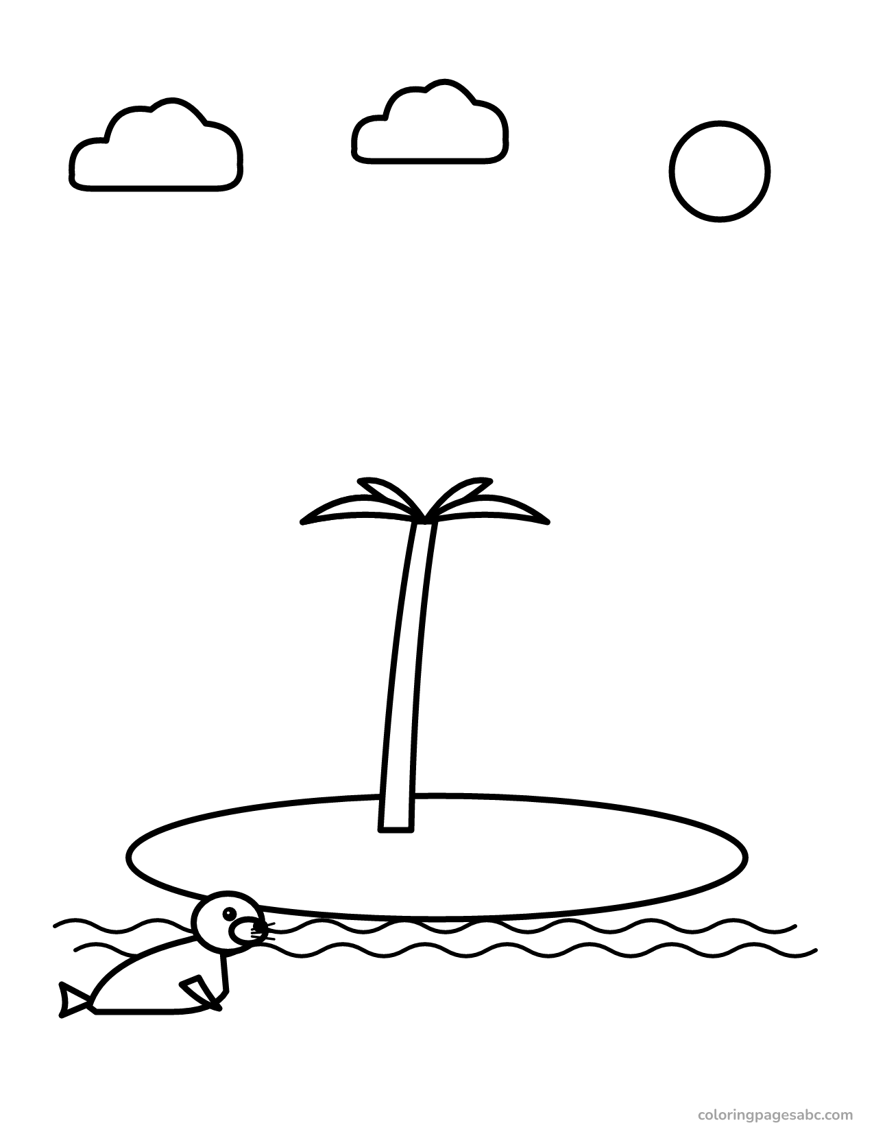 Little island with a palm tree and a seal in the ocean coloring page