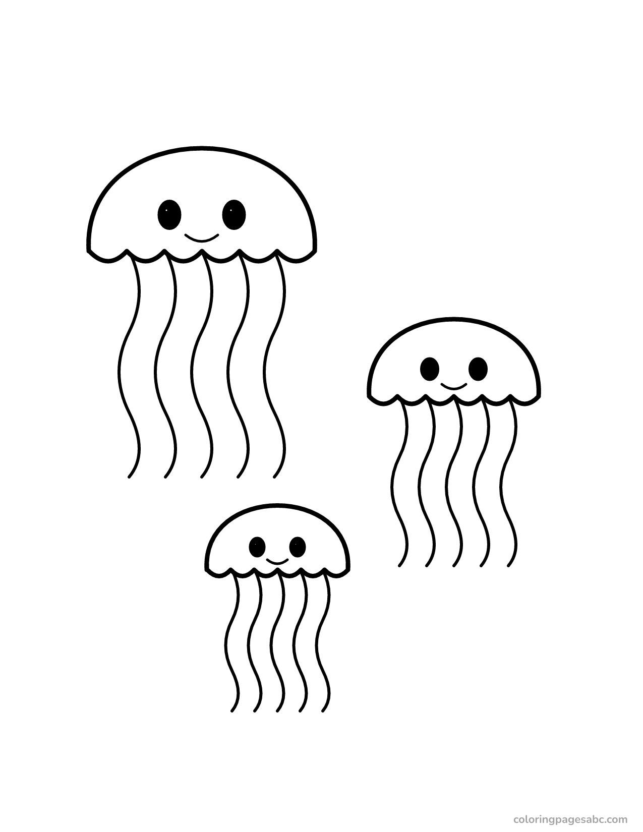 Three jellyfish drifting with long tentacles coloring page