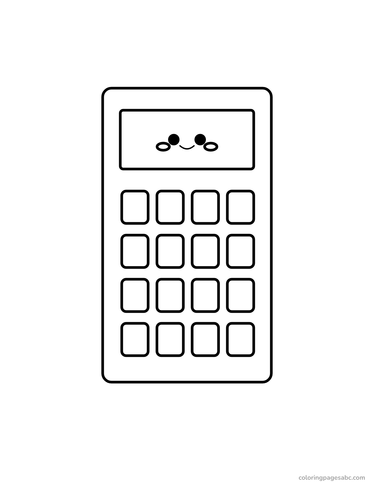 Kawaii calculator with a smiling screen coloring page