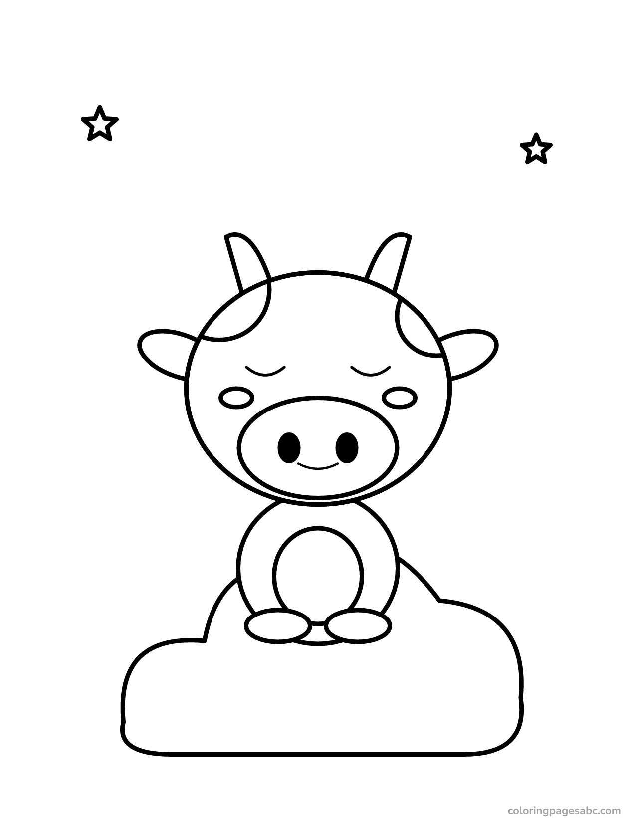 Sleepy kawaii cow on a cloud with stars coloring page
