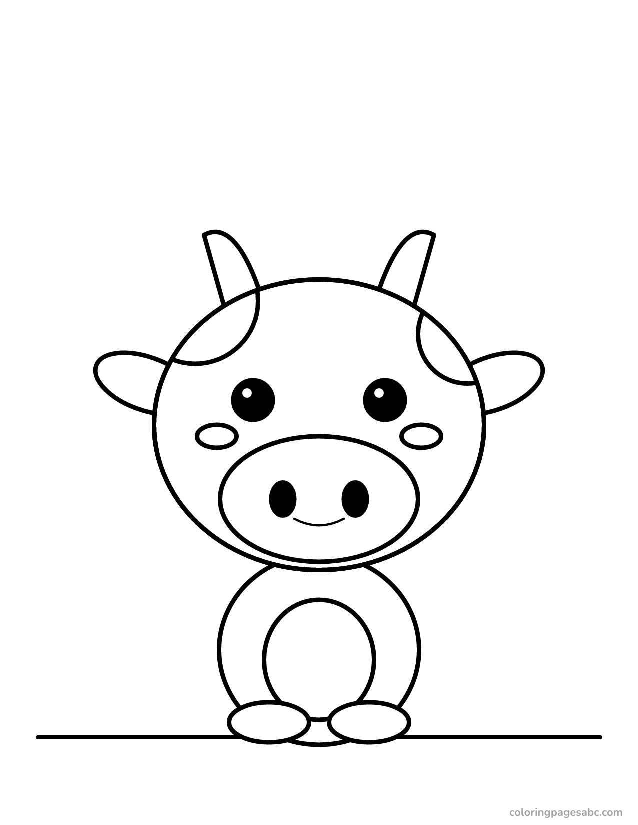 Kawaii cow with a big head and spots sitting coloring page