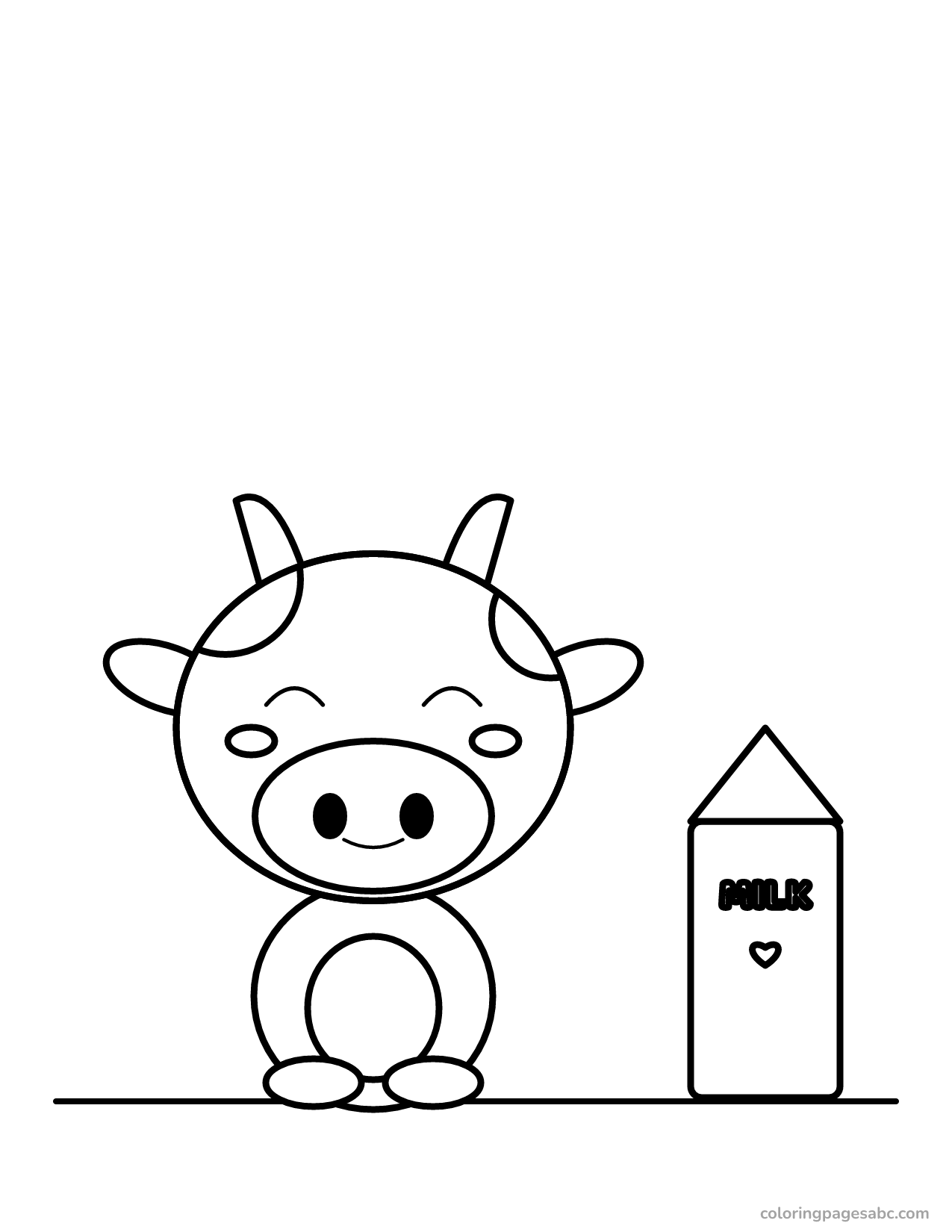 Happy kawaii cow next to a milk carton coloring page