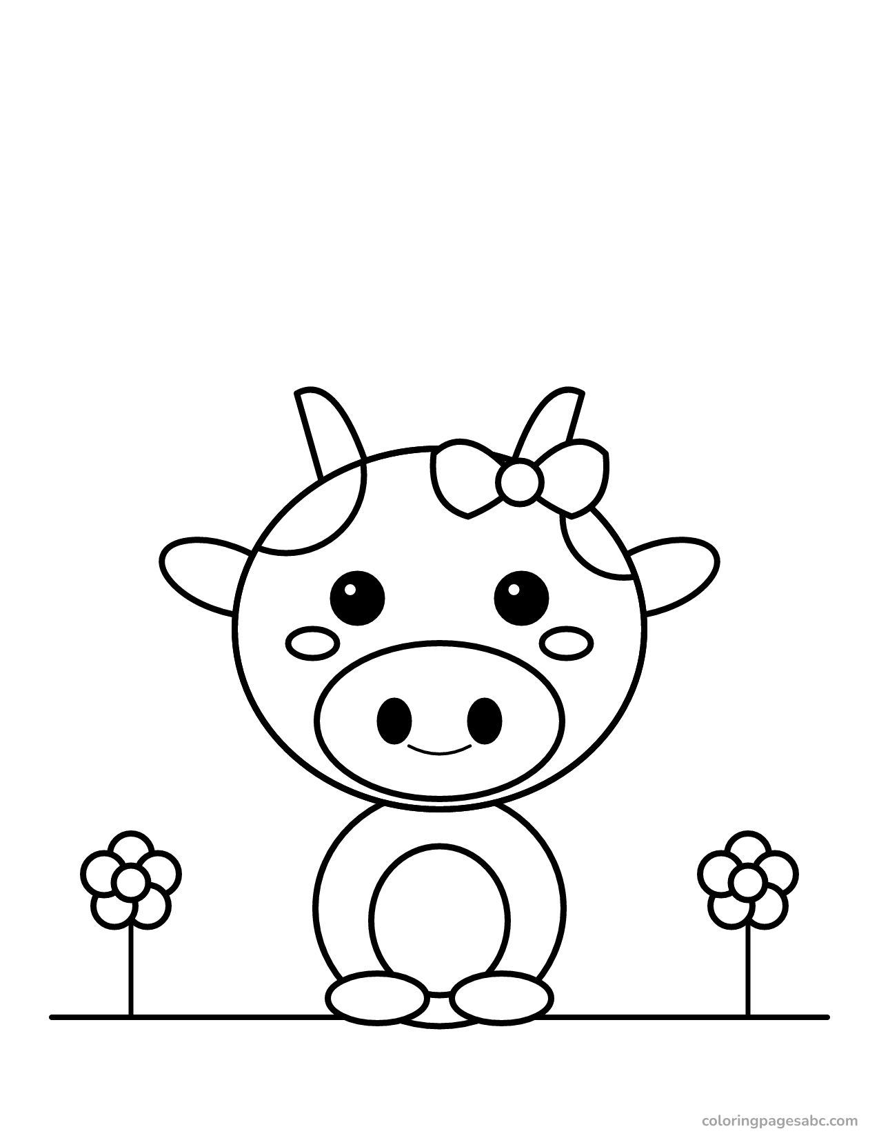 Kawaii cow with a bow between two flowers coloring page