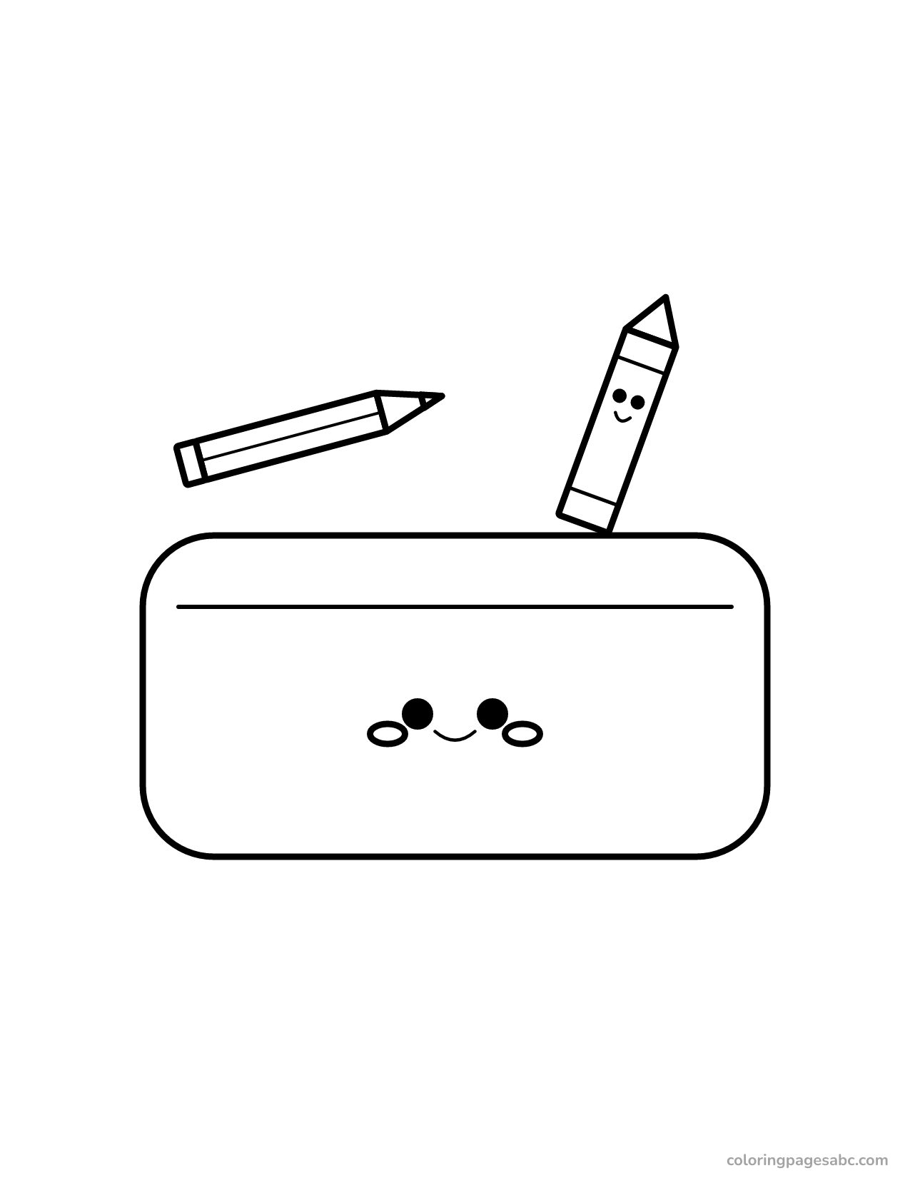 Smiling kawaii pencil case with a pencil and a crayon