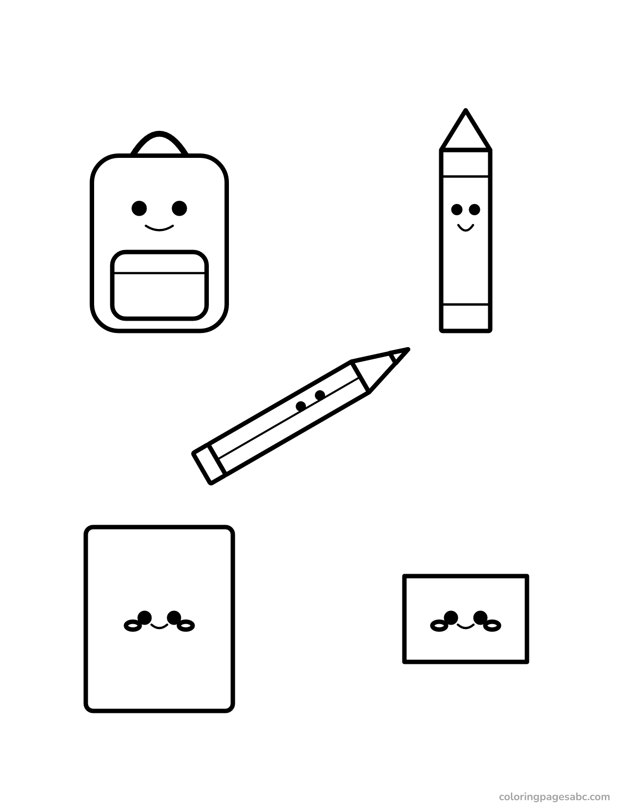 Kawaii backpack, crayon, pencil, notebook and eraser with faces