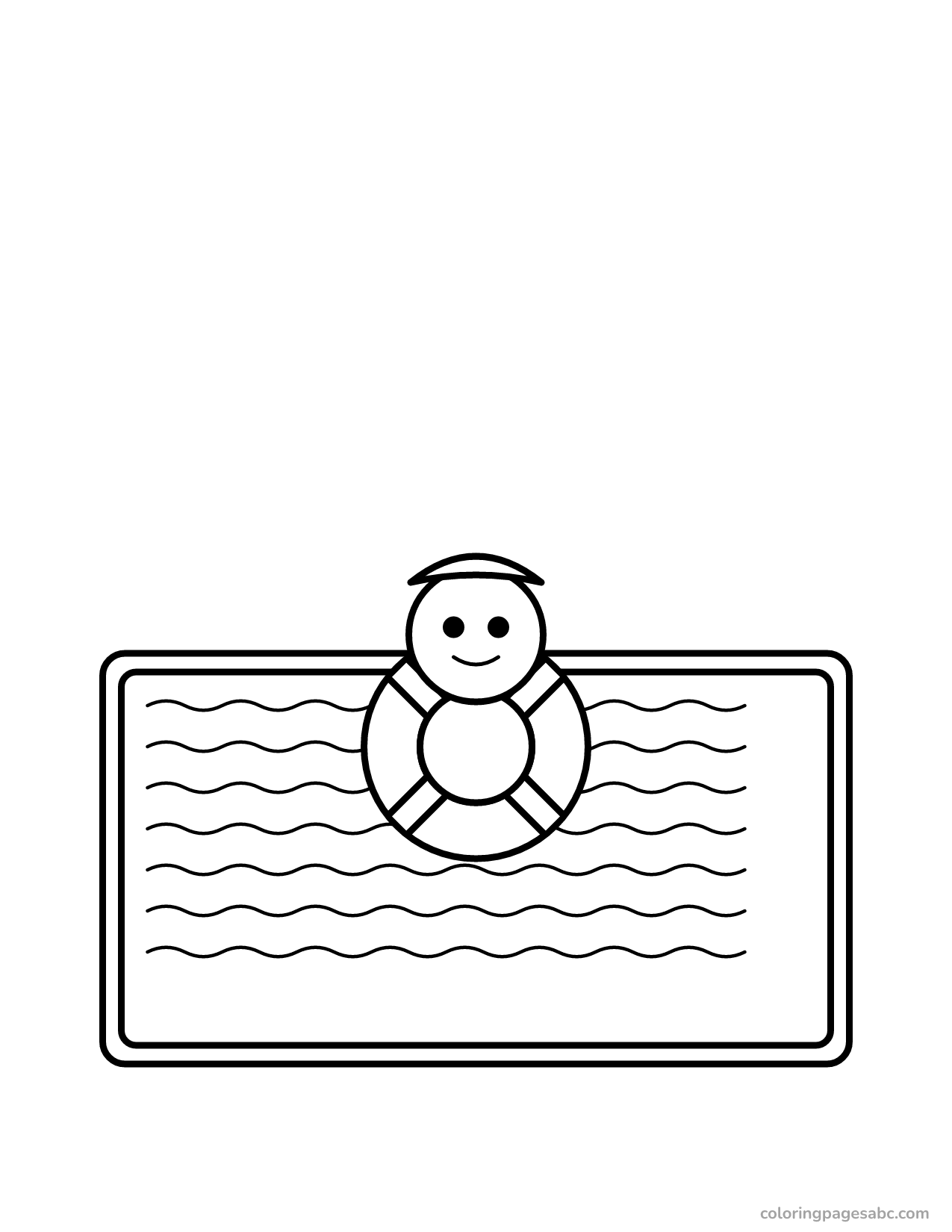 Smiling kid floating on a swim ring in the pool coloring page