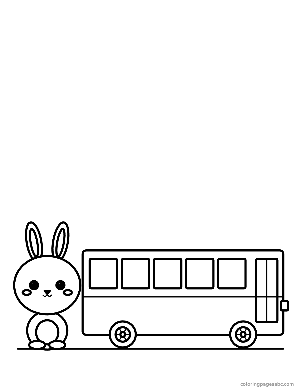 Cute bunny waiting next to a school bus coloring page