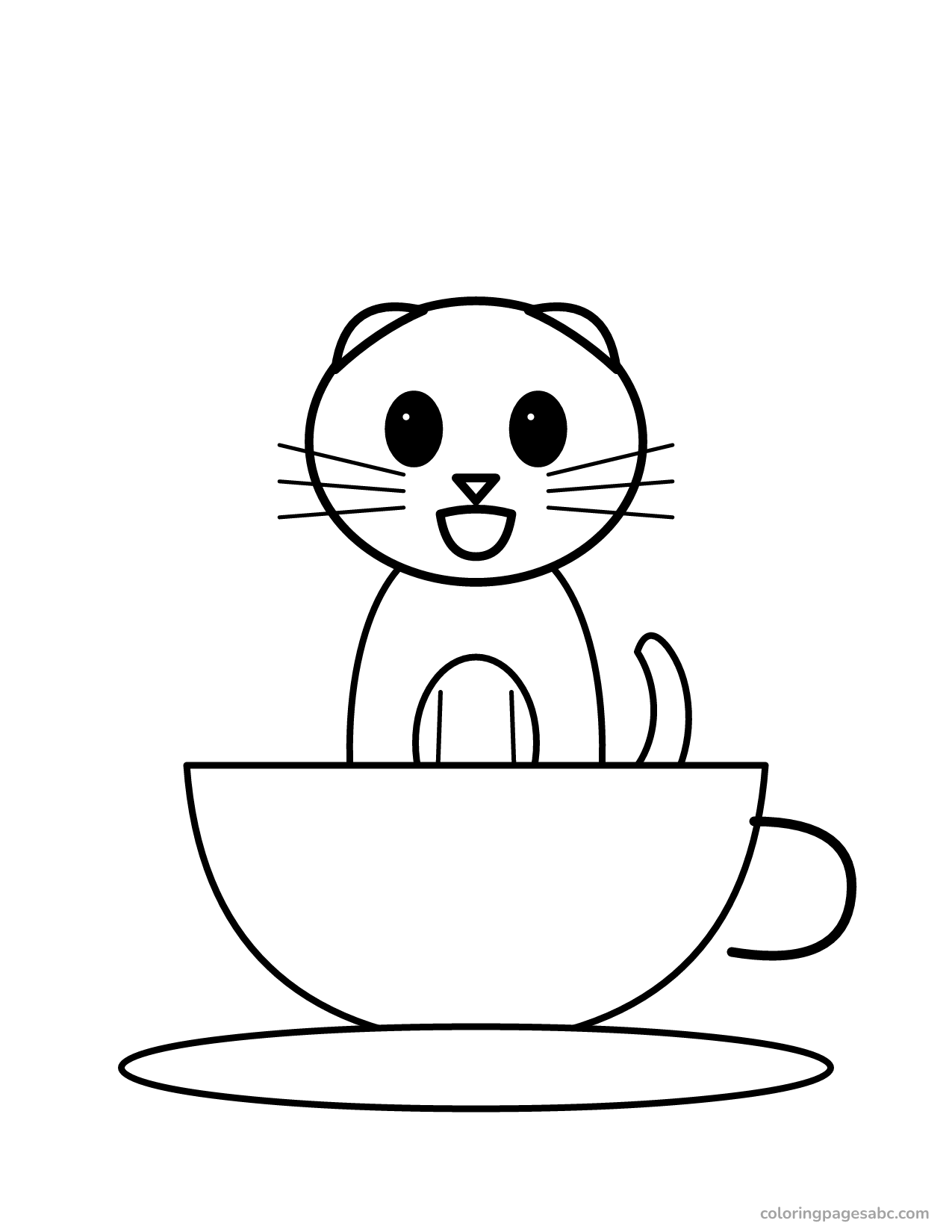 Kitten with folded ears sitting in a teacup coloring page