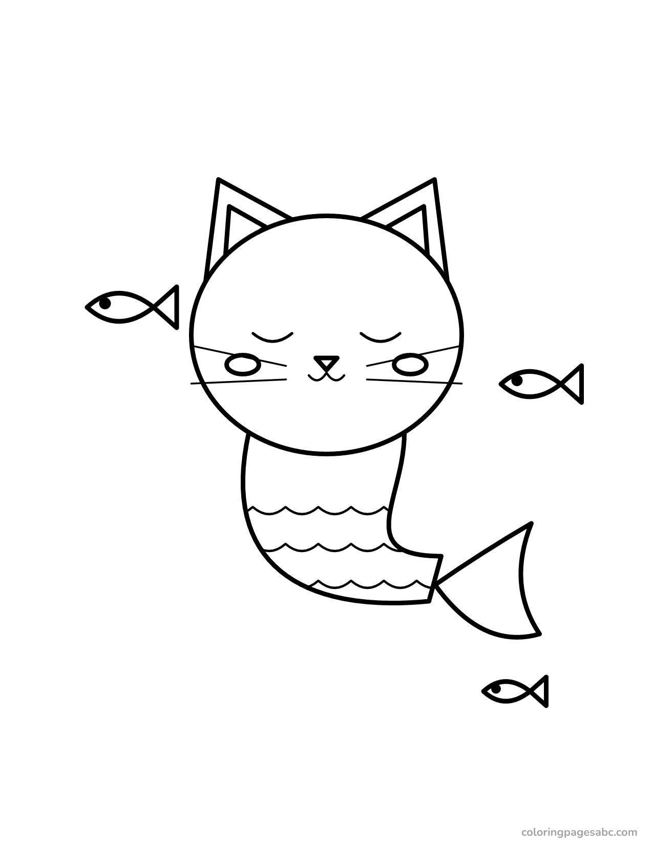 Sleepy kitty mermaid swimming with three fish coloring page