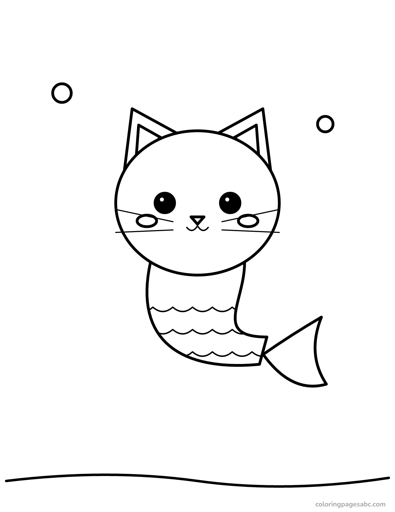 Cat with a mermaid tail and bubbles coloring page