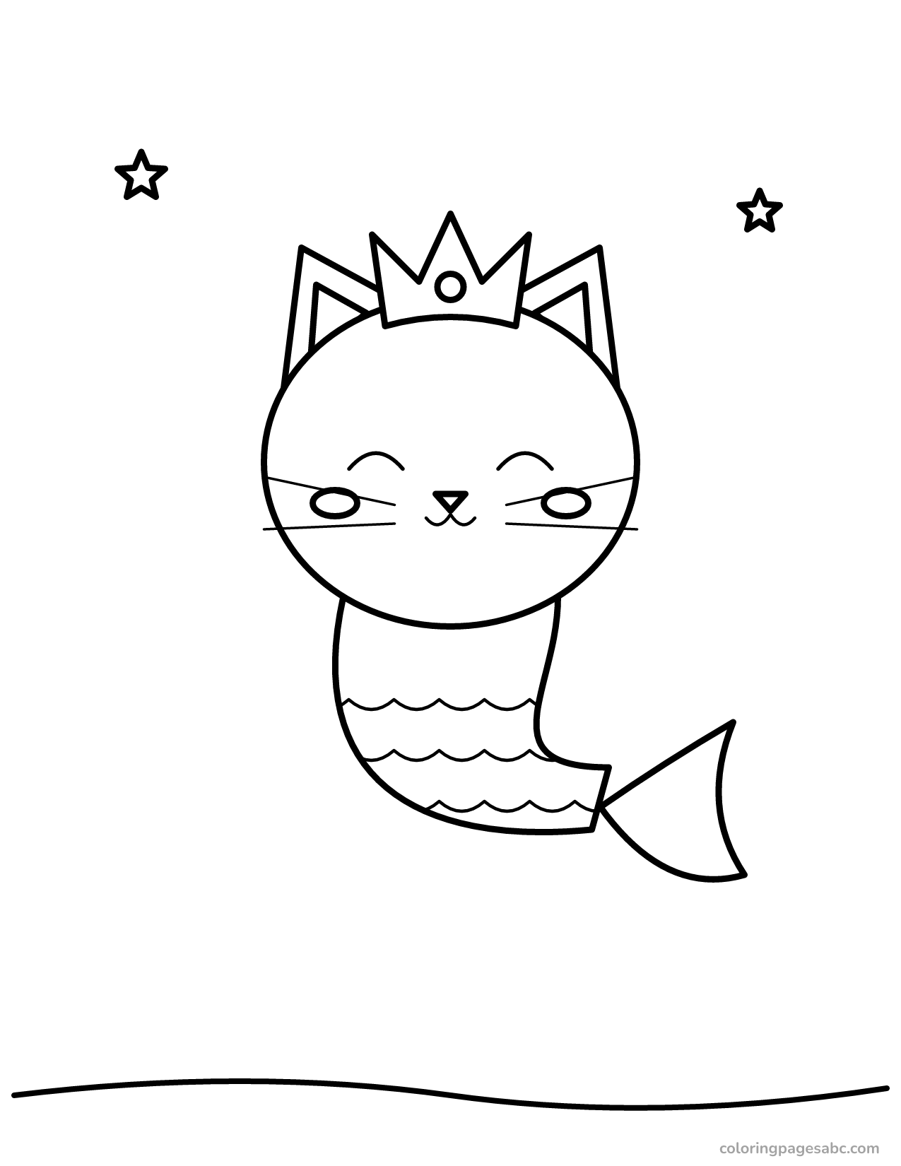 Happy kitty mermaid princess wearing a crown coloring page