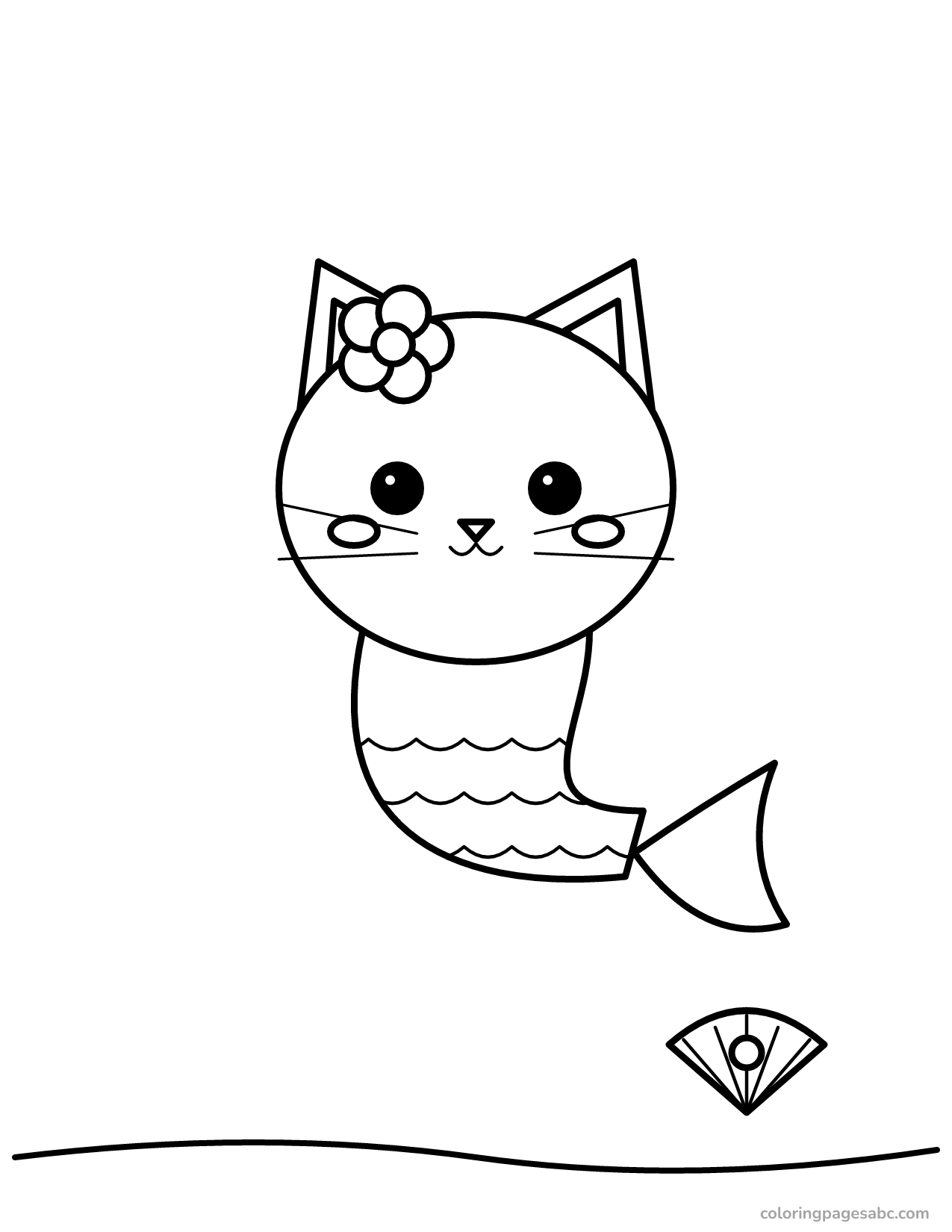 Kitty mermaid with a flower next to a shell with a pearl