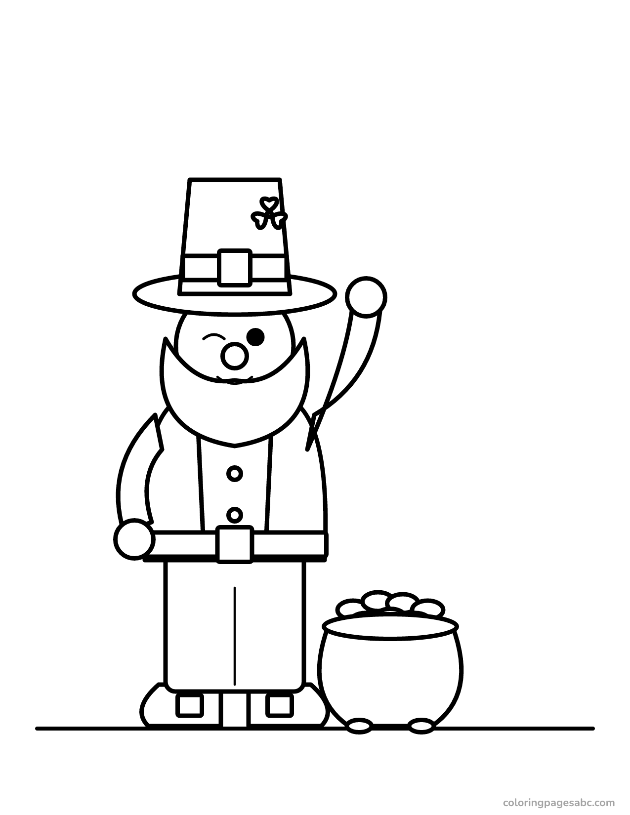 Winking leprechaun waving next to a pot of gold