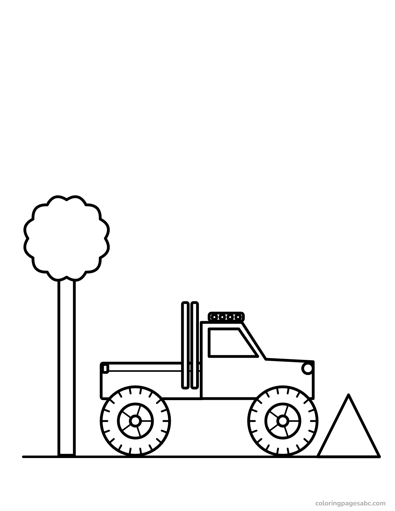 Lifted truck at a campsite with a tree and a tent coloring page