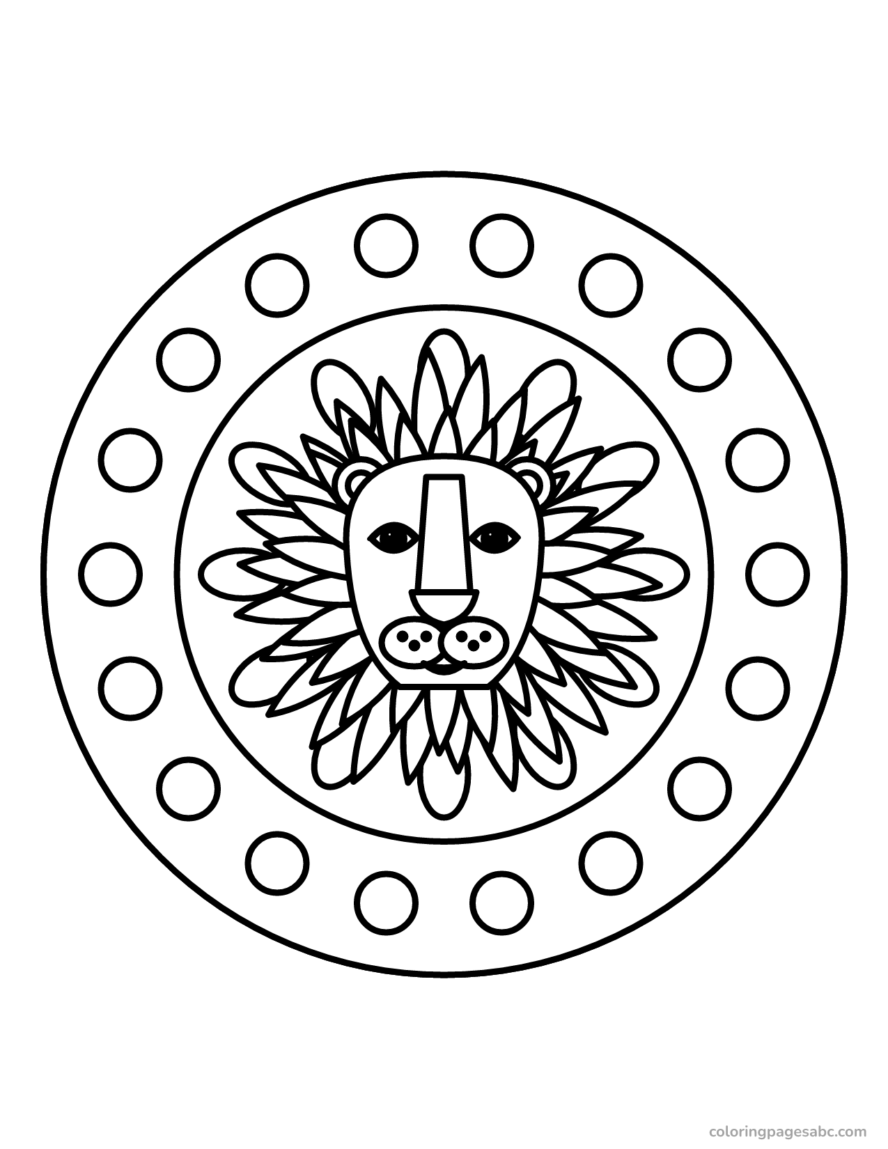 Lion head inside a mandala of rings and petals for adults