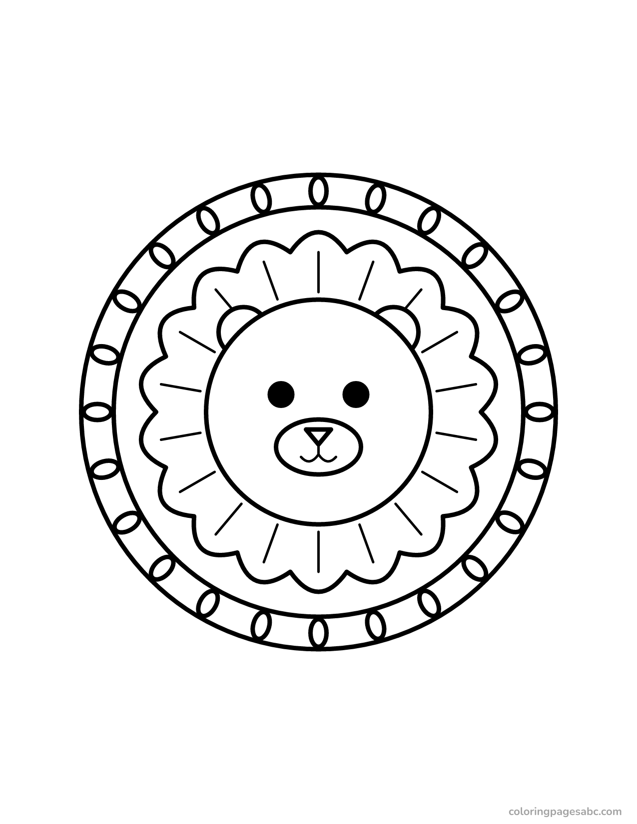 Lion face with a scalloped mane inside a mandala ring