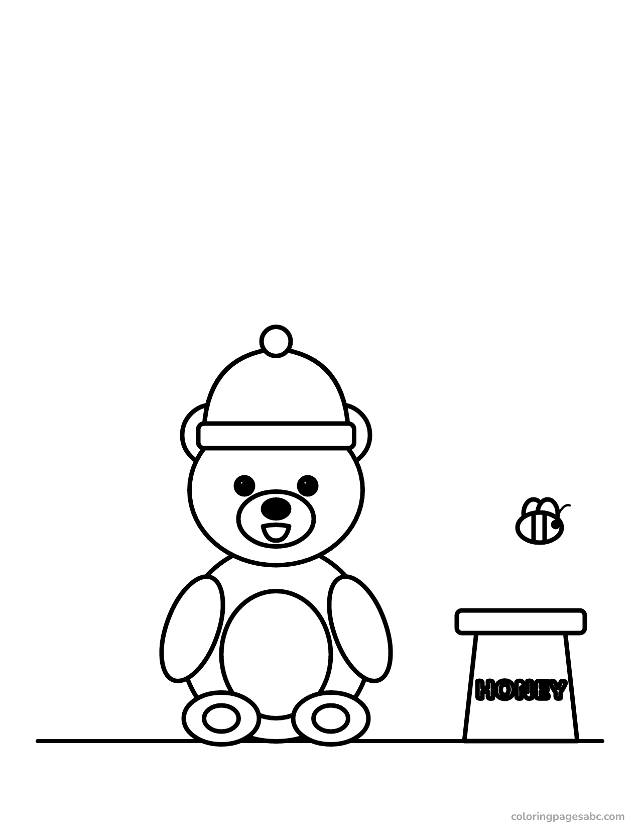 Little bear in a beanie next to a honey pot coloring page