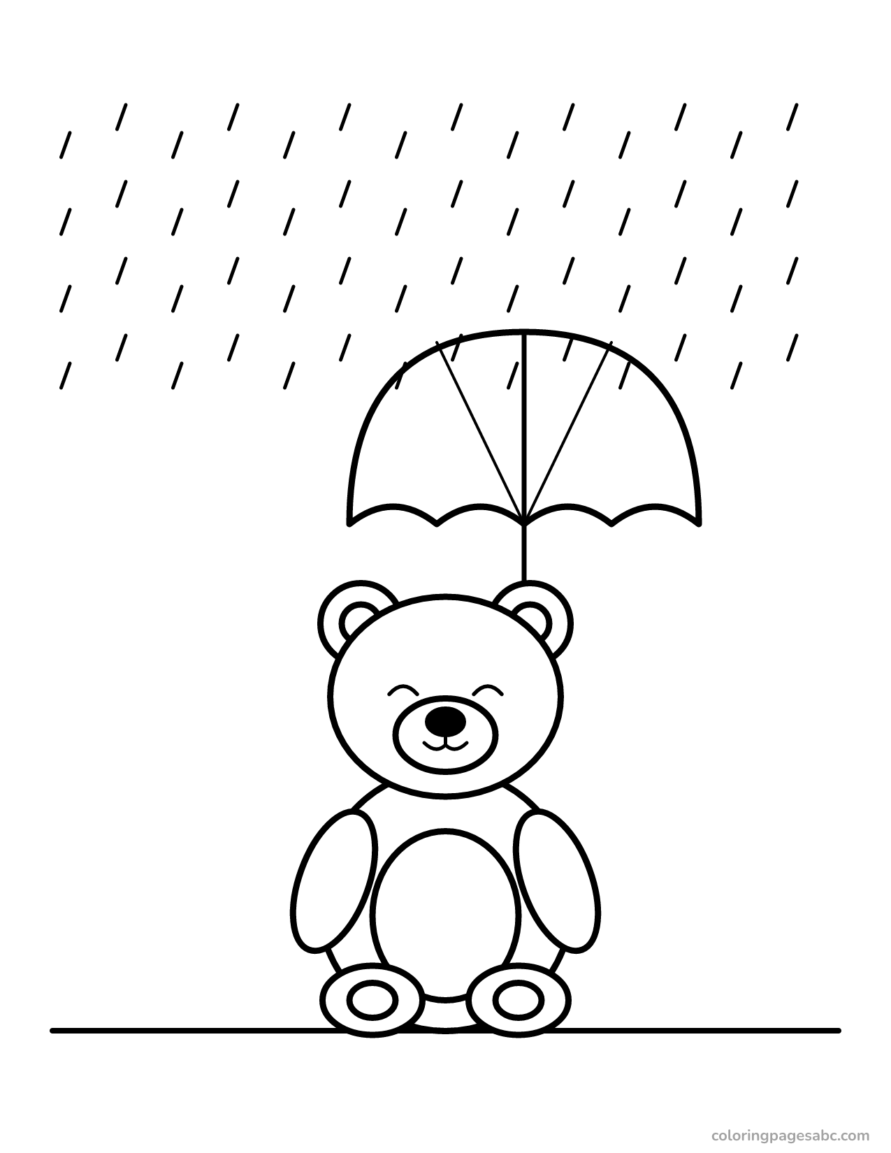 Little bear under an umbrella in the rain coloring page