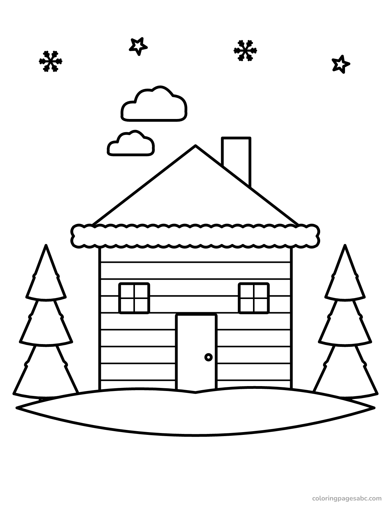 Log cabin in the snow to color online