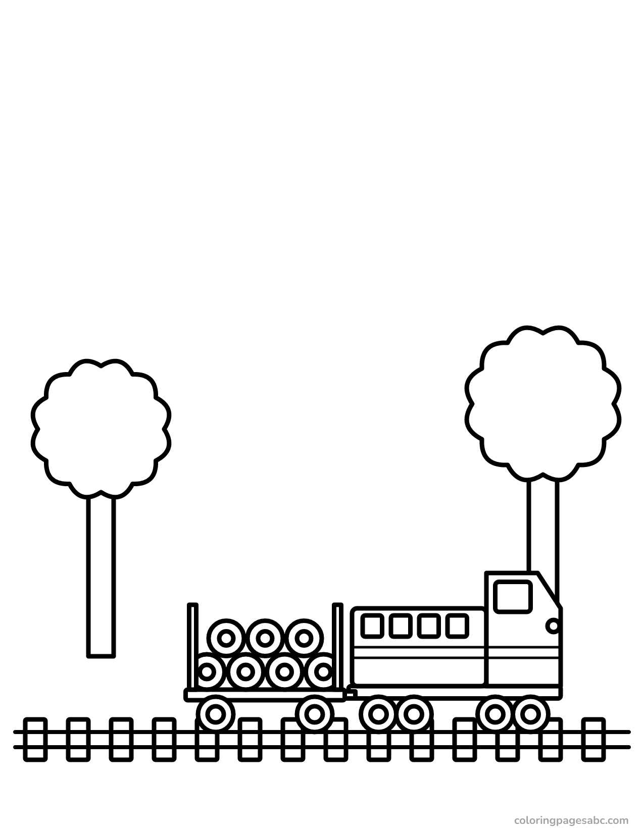 Freight train carrying logs between two trees coloring page