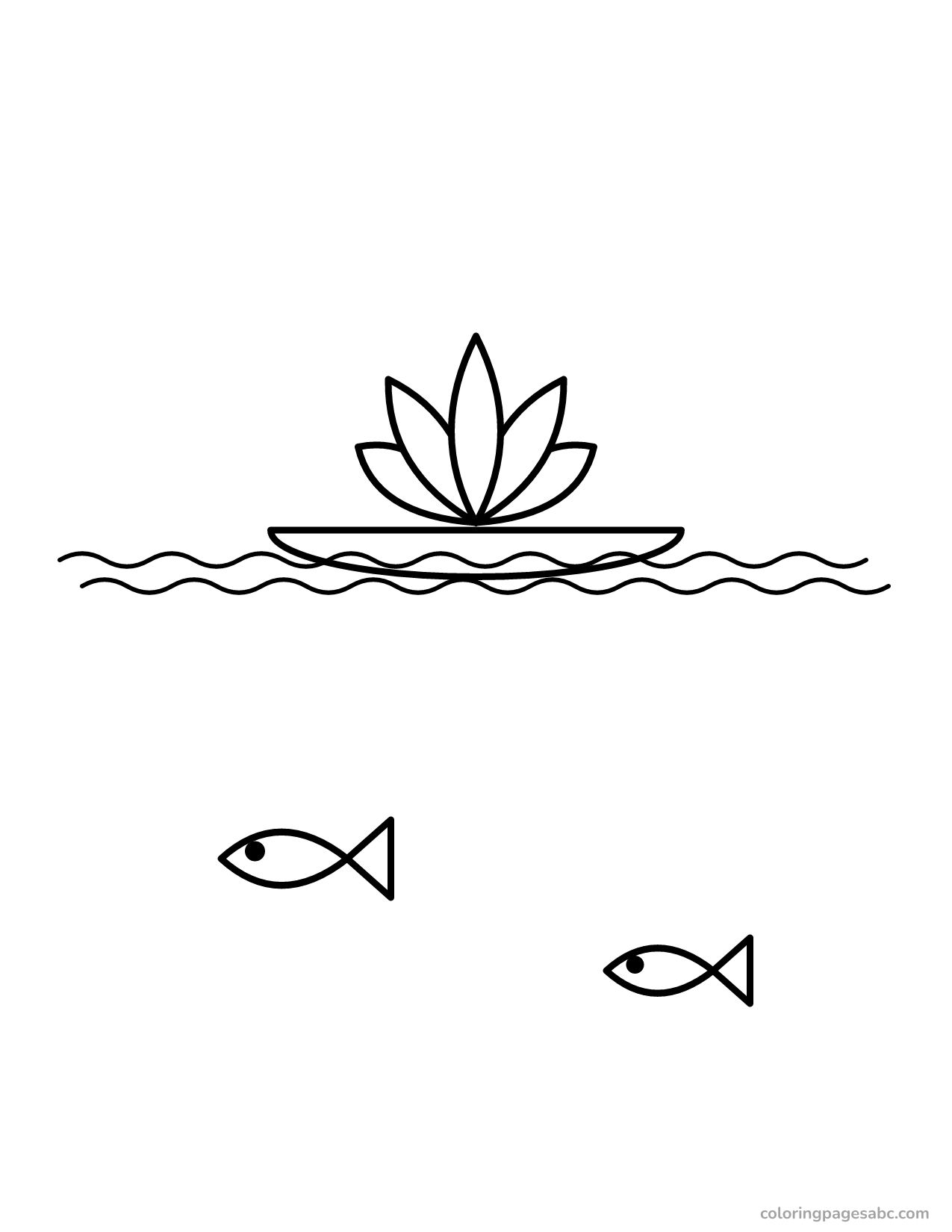 Lotus flower on the water with two fish below coloring page