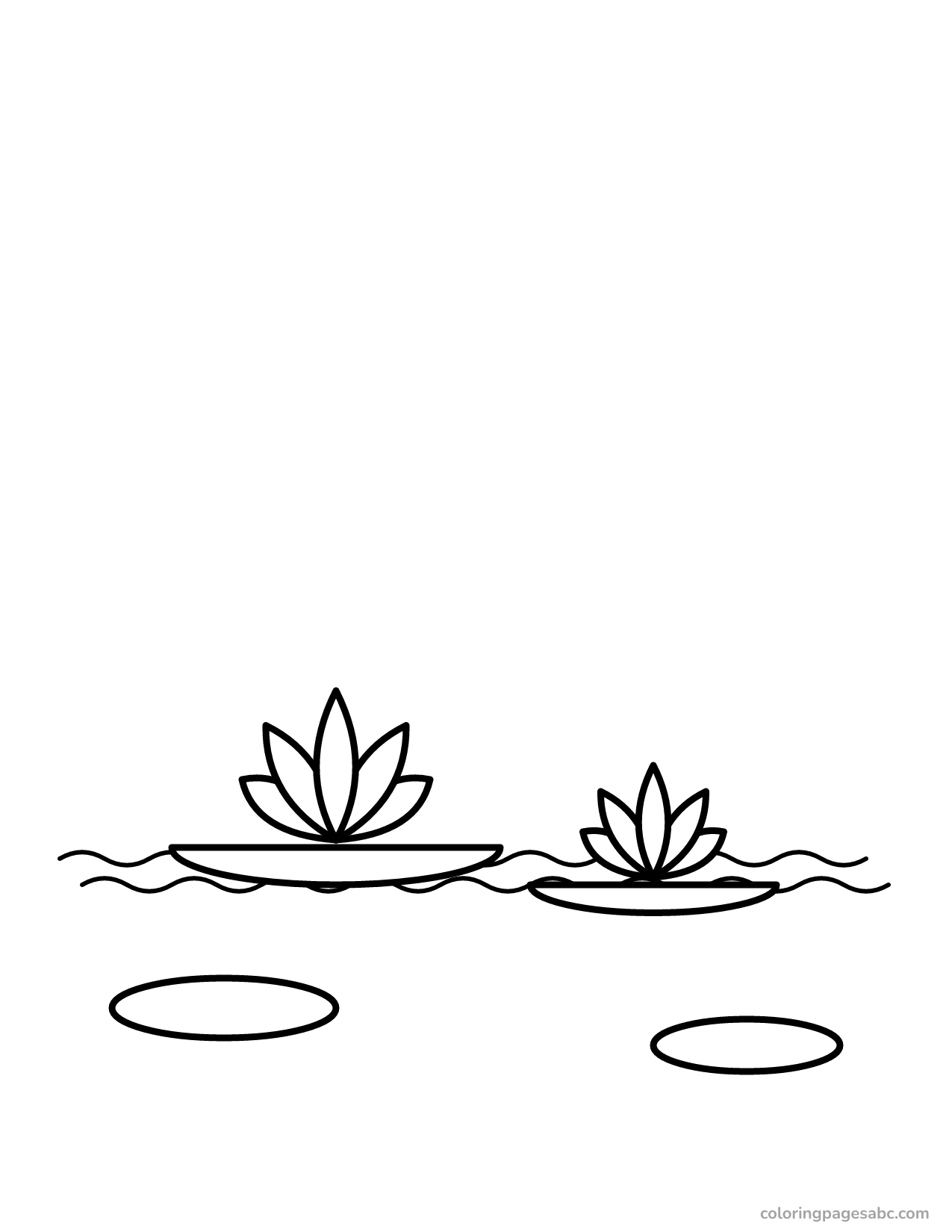 Two lotus flowers and lily pads on a pond coloring page