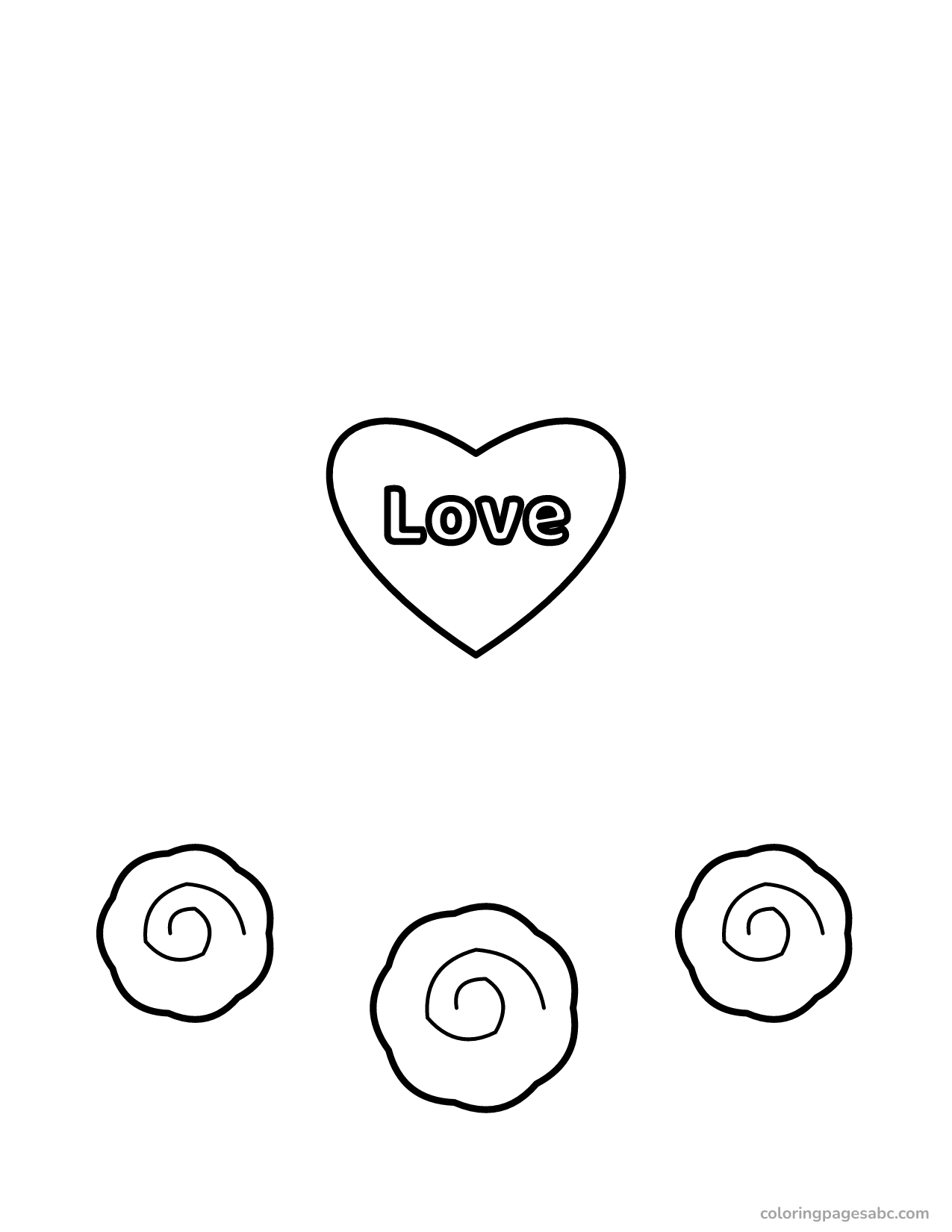 Heart with Love lettering and three roses coloring page