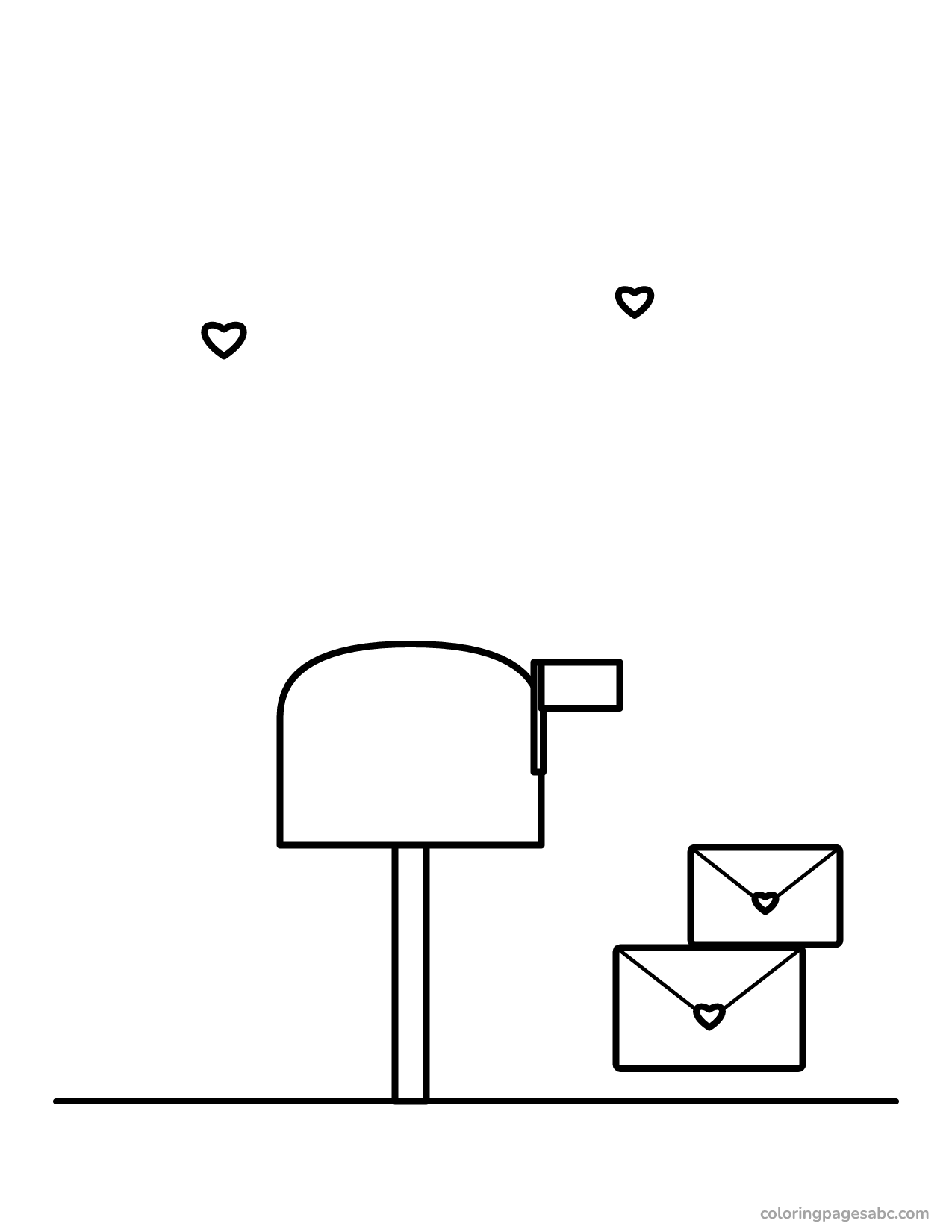 Mailbox with valentine envelopes and hearts coloring page