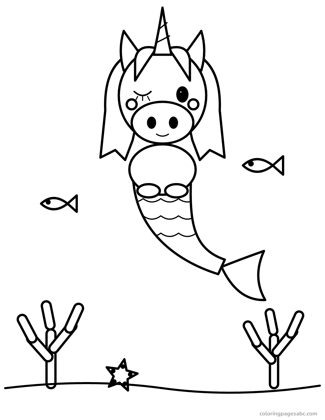 Mermaid unicorn with coral to color online