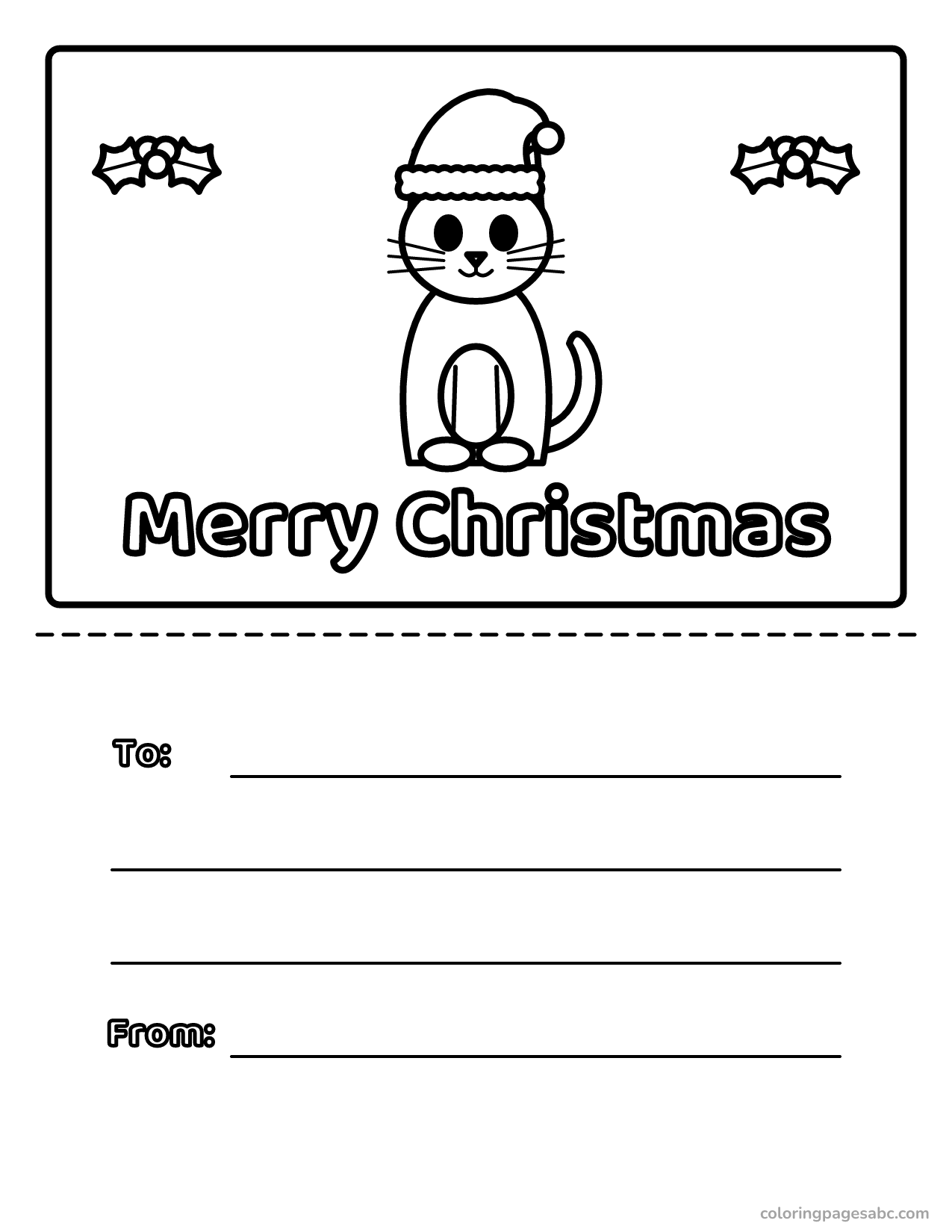 Merry Christmas card with a cat to color online