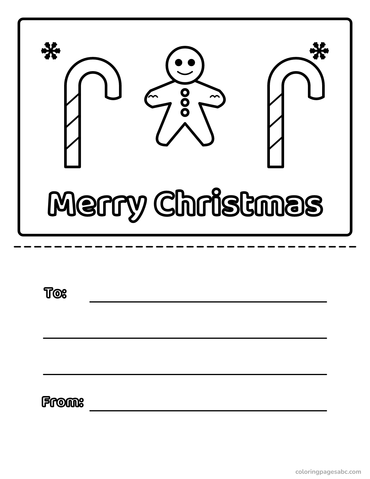 Merry Christmas card with a gingerbread man to color online